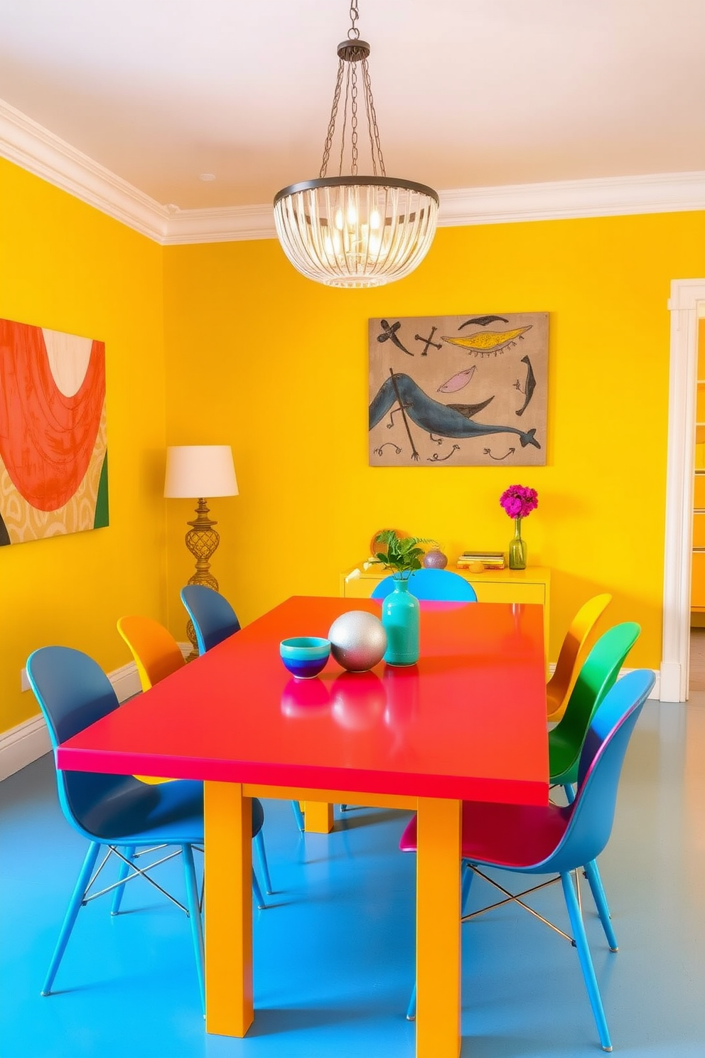 A retro diner style table features sleek chrome legs and a glossy red tabletop that captures the essence of classic Americana. Surrounding the table are matching vinyl chairs in vibrant colors, creating a lively and inviting atmosphere perfect for casual dining.