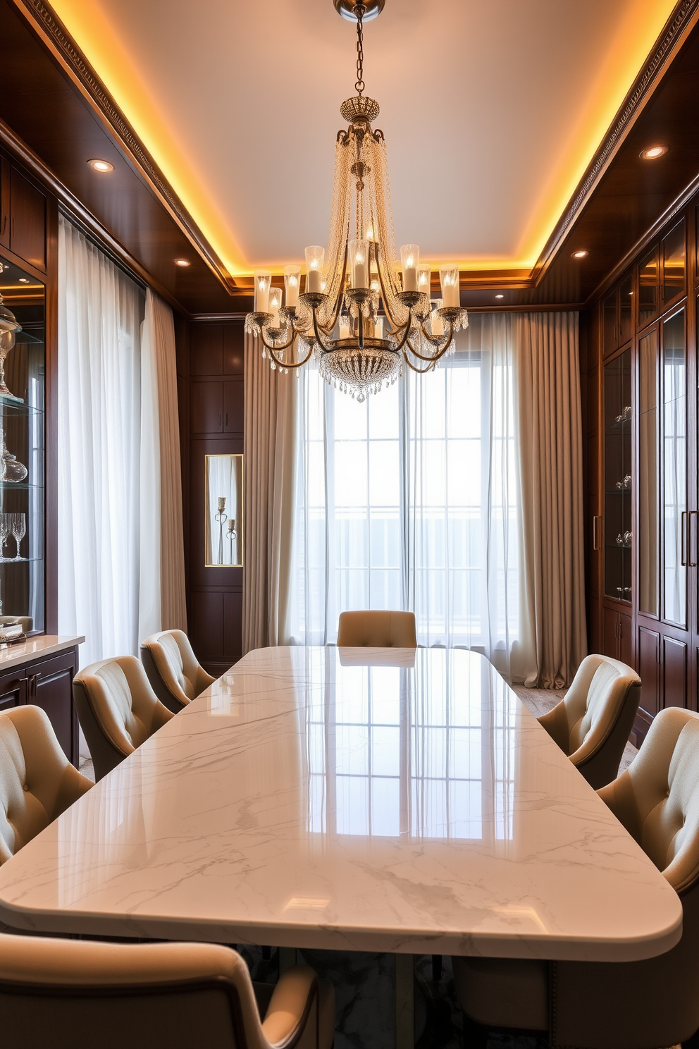 A sleek glass top dining table rests on a polished metal base, exuding modern elegance. Surrounding the table are plush upholstered chairs in a rich navy hue, creating a striking contrast against the transparent surface. The dining room features warm wood accents, with a statement chandelier hanging above the table, casting a soft glow. Large windows allow natural light to flood the space, highlighting the contemporary artwork displayed on the walls.