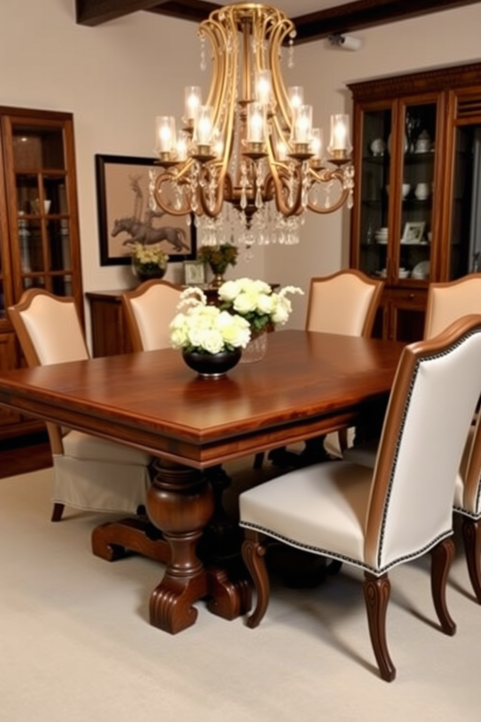 A modern dining room with a sleek table that has integrated lighting features along the edges. The table is surrounded by elegant upholstered chairs, creating a warm and inviting atmosphere. The integrated lights cast a soft glow, enhancing the rich wood finish of the table. Above, a statement chandelier adds a touch of sophistication to the overall design.