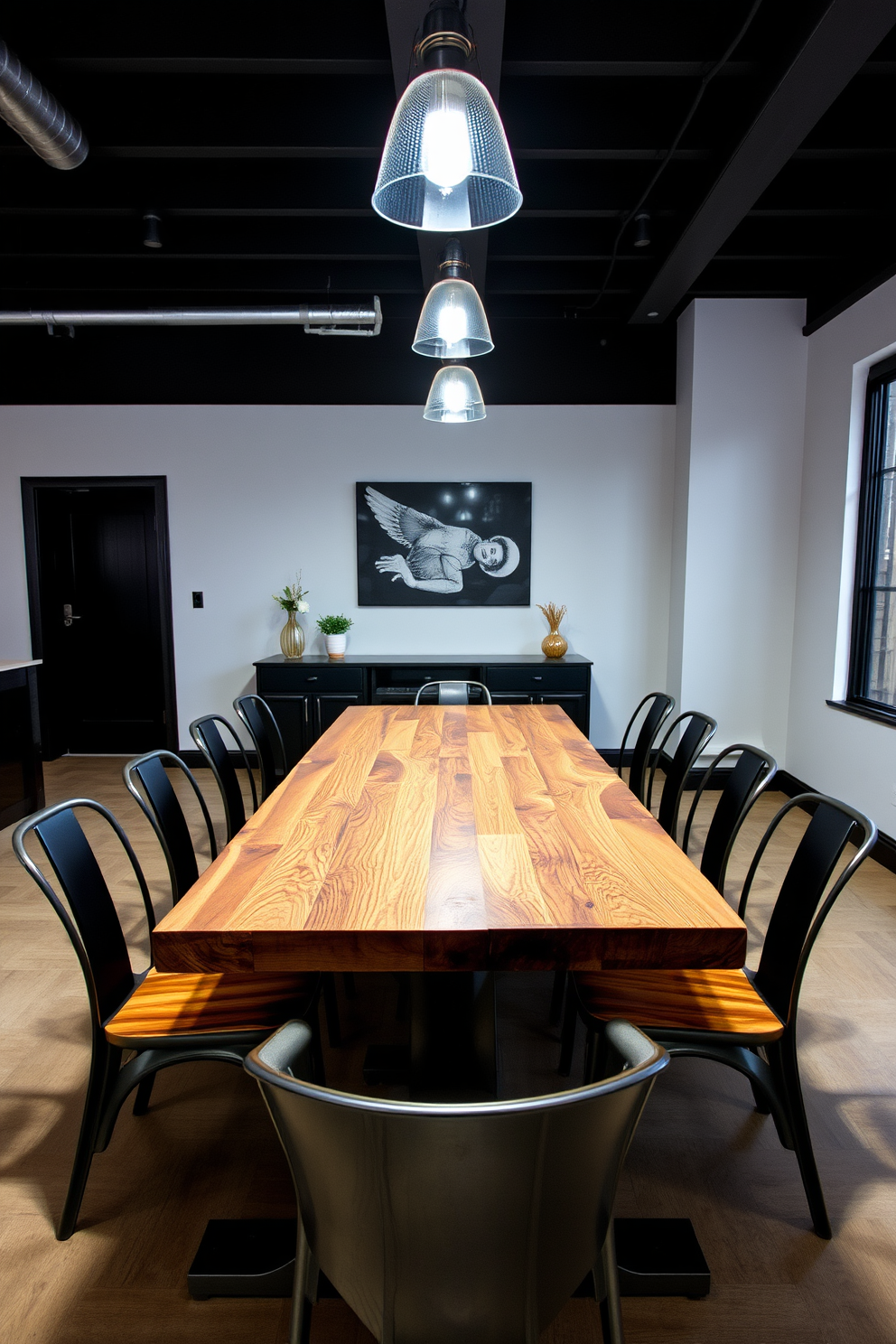 A mid-century style wooden dining table is the centerpiece of the dining room. Surrounding the table are sleek, upholstered chairs in a vibrant color that contrasts with the natural wood finish. The walls are adorned with abstract art that complements the table's design. A statement pendant light hangs above, casting a warm glow over the space and enhancing the inviting atmosphere.