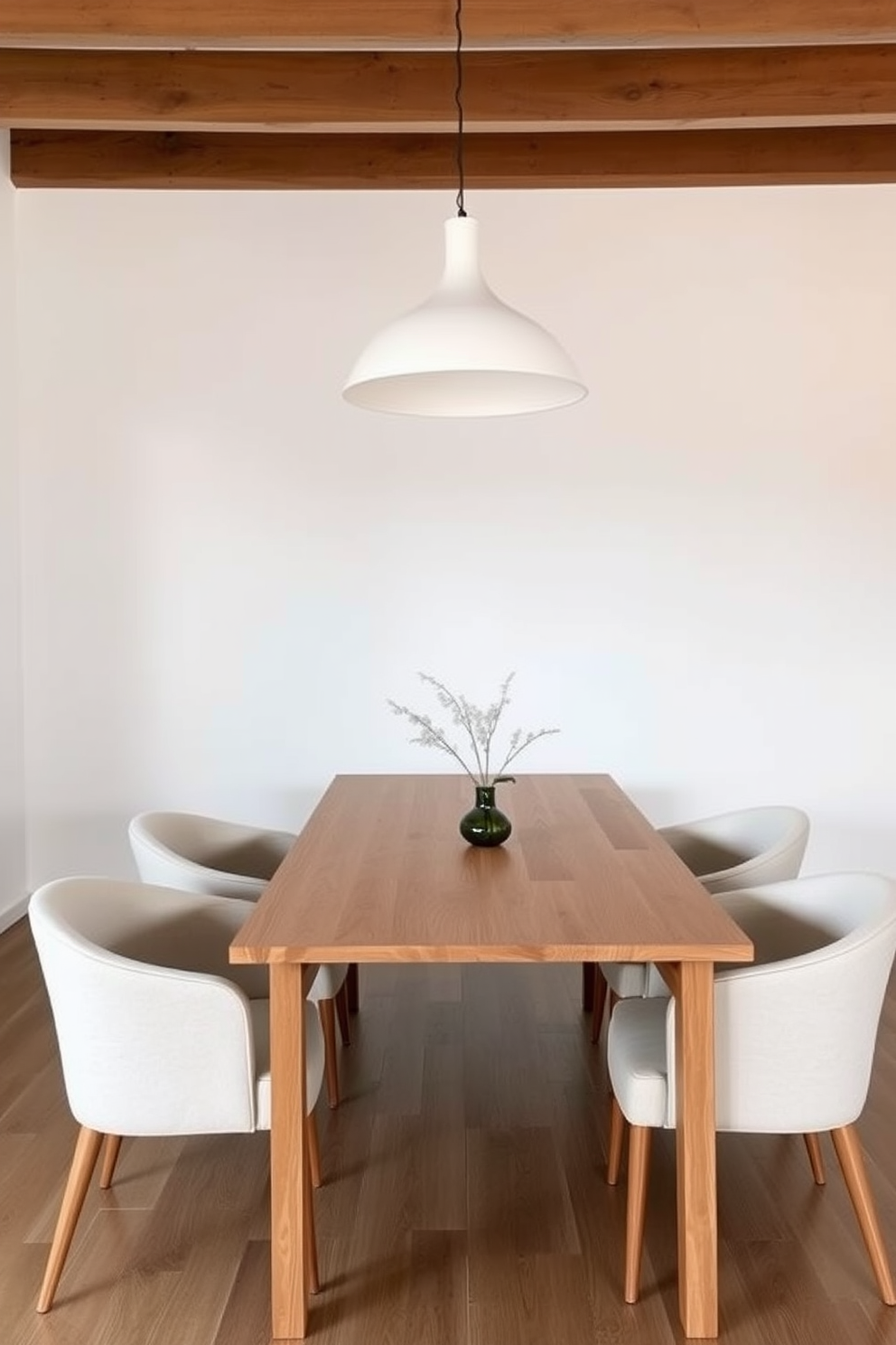 A striking dining room features a reclaimed wood table with a raw, unfinished edge that showcases its natural grain. Surrounding the table are sleek metal chairs with a matte black finish, adding an industrial touch to the warm wood. The walls are exposed brick, providing a rustic backdrop that complements the table's texture. Above the table, a series of pendant lights with vintage Edison bulbs hang, casting a warm glow over the dining area.