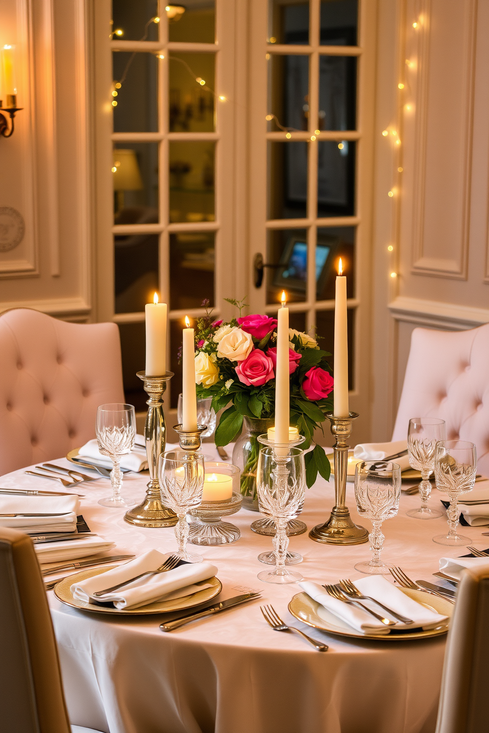 A romantic candlelit dinner setting in a dining room. The table is elegantly set with fine china and crystal glassware, surrounded by plush upholstered chairs. Soft, warm candlelight flickers from an assortment of candles arranged in decorative holders. Fresh flowers in a vase add a touch of color, while delicate fairy lights drape across the table for a magical ambiance.