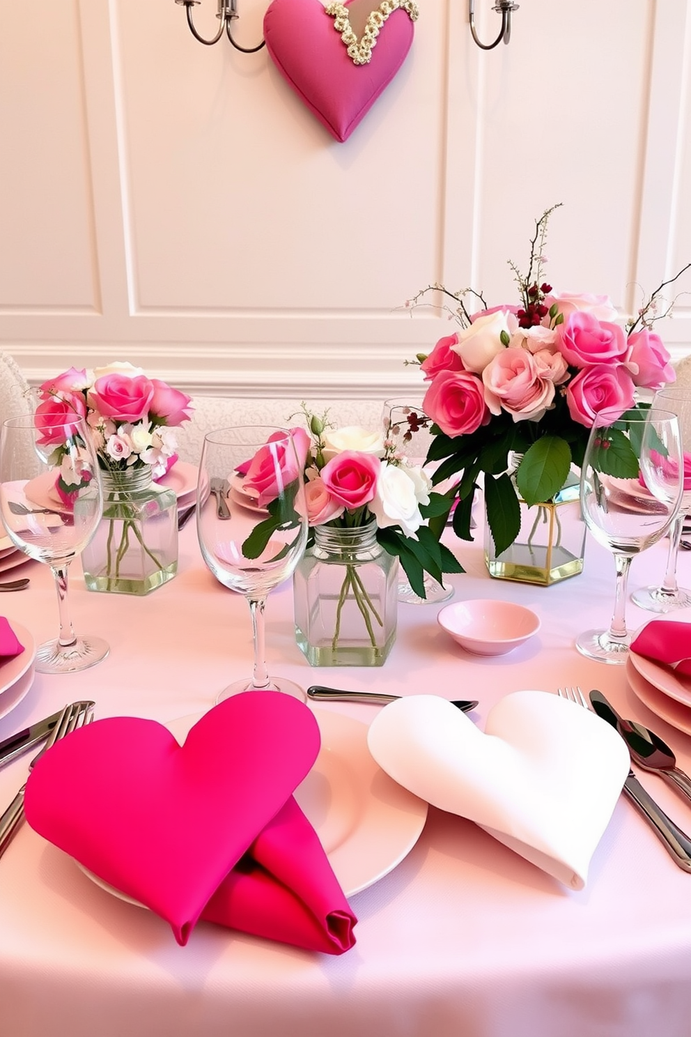 Cute heart-shaped napkin folds are elegantly arranged on a beautifully set dining table. The table is adorned with soft pink tableware and delicate floral centerpieces, creating a warm and inviting atmosphere for Valentine's Day celebrations.