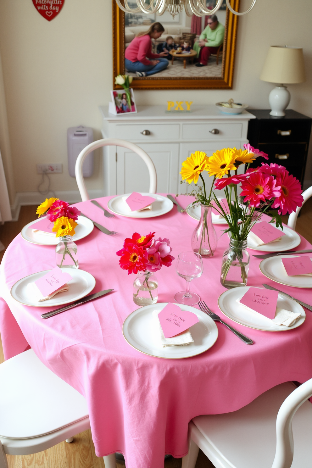 A beautifully arranged dining table set for Valentine's Day features an eclectic mix of patterned plates that create visual interest. The table is adorned with soft pink and red accents, including heart-shaped napkin holders and a centerpiece of fresh roses in a delicate vase.