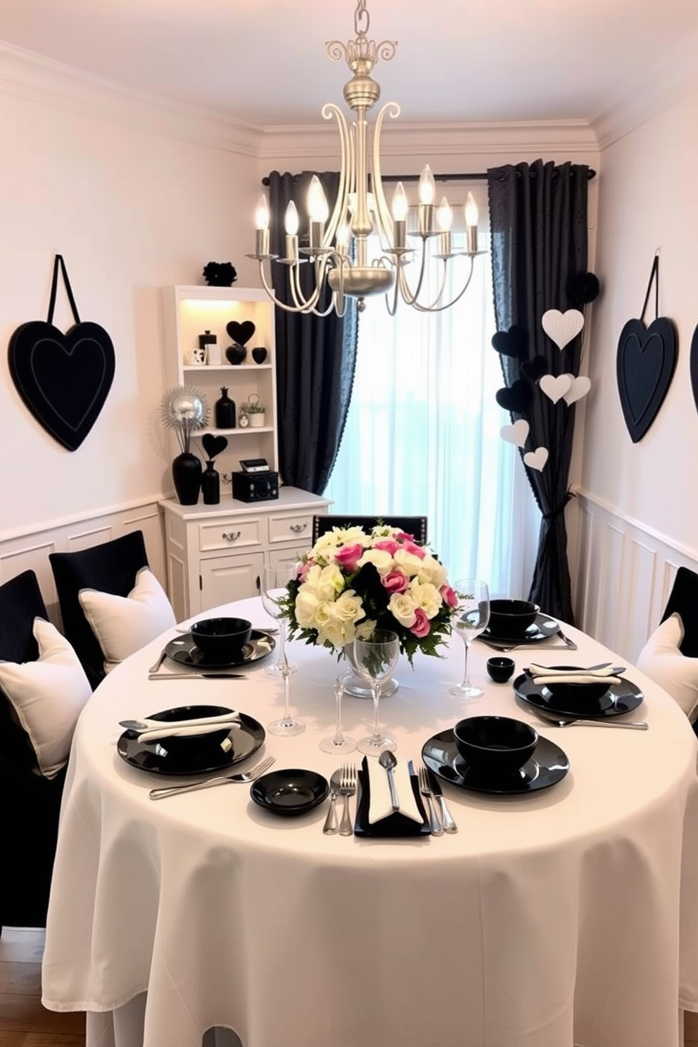 A romantic dining room setting adorned with heart-shaped balloons floating gracefully above a beautifully set table. The table is elegantly dressed with a red tablecloth, fine china, and flickering candlelight to create an intimate atmosphere for Valentine's Day celebrations.