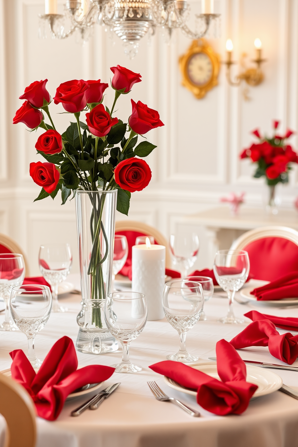 A beautifully arranged dining room adorned with classic red roses in elegant glass vases. The table is set with fine china and sparkling crystal glasses, creating a romantic ambiance perfect for Valentine's Day celebrations.