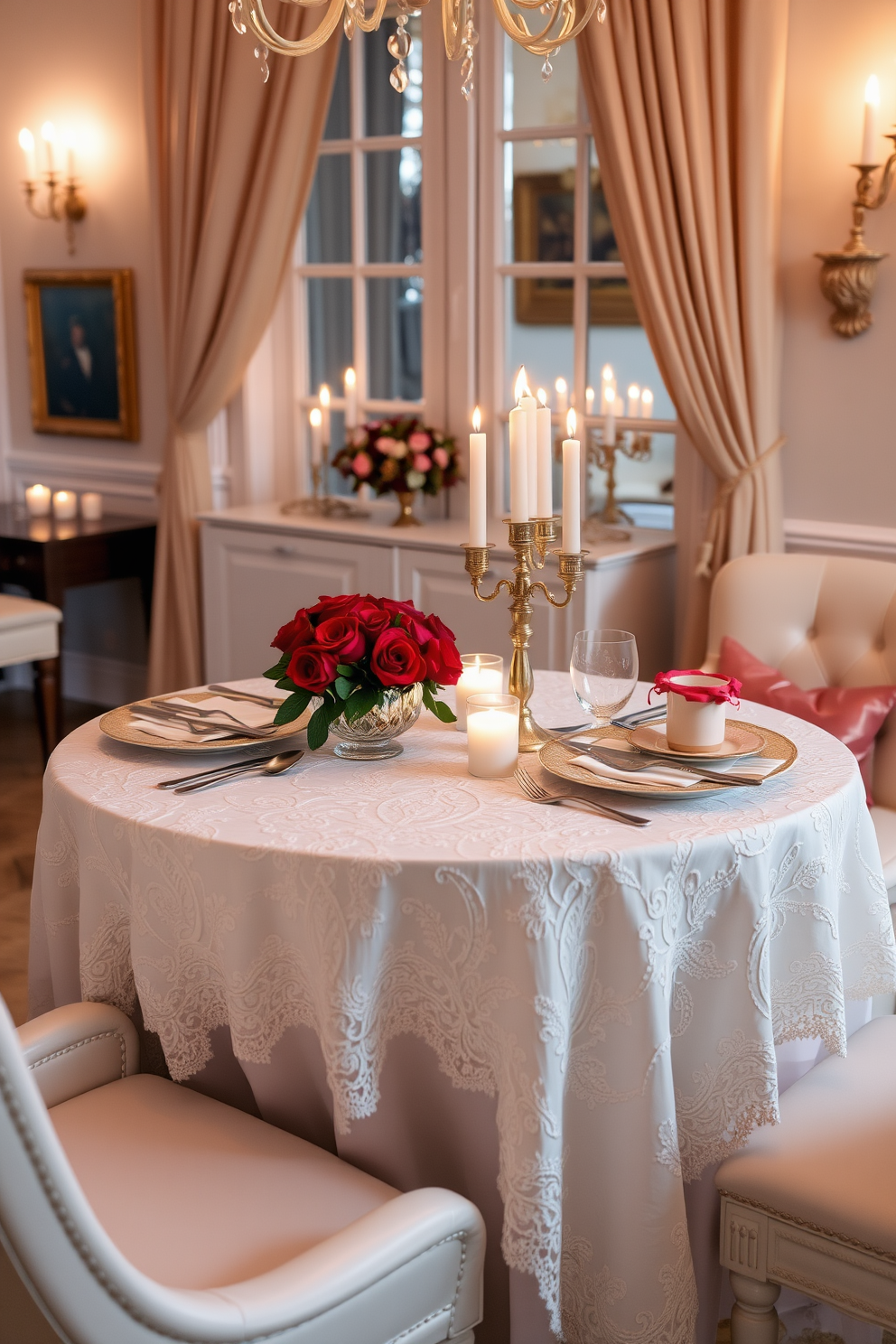 A romantic sweetheart table for two is elegantly set in a cozy dining room adorned with soft candlelight. The table is draped in a delicate white lace tablecloth, featuring a centerpiece of fresh red roses and flickering candles in ornate holders. Charming dinnerware in shades of blush and gold complements the setting, with polished silverware neatly arranged. Soft, ambient lighting creates an intimate atmosphere, while plush chairs are accented with satin cushions for added comfort.