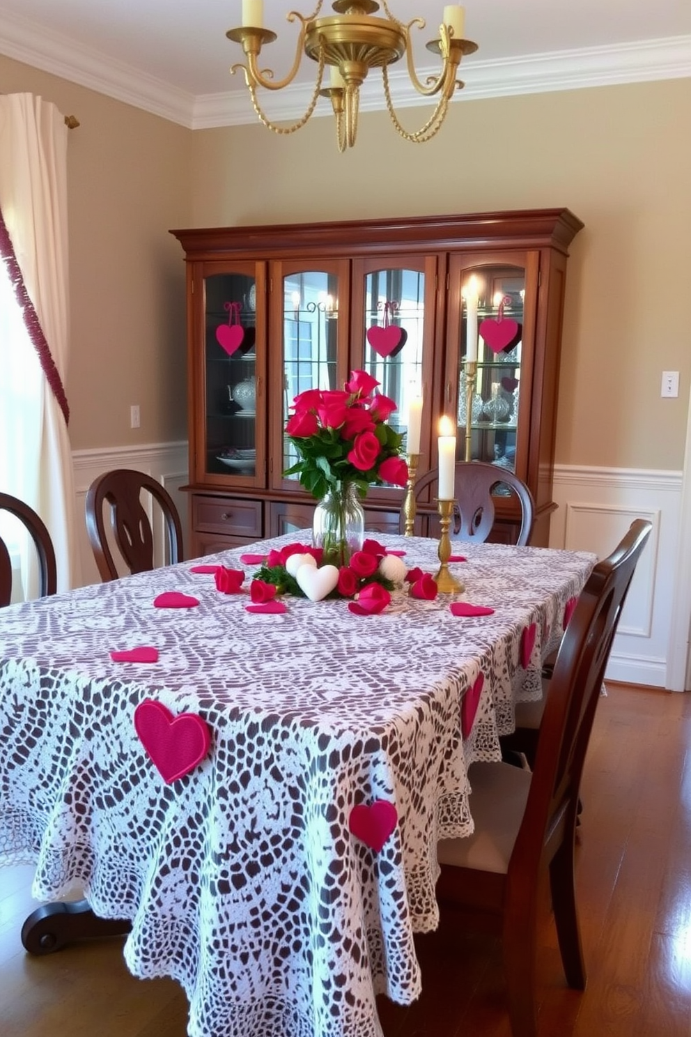 A vibrant dining room adorned for Valentine's Day features a beautifully arranged table with a fresh fruit centerpiece. The centerpiece showcases an assortment of colorful fruits like strawberries, oranges, and kiwis, artfully displayed in an elegant bowl. Soft, romantic lighting casts a warm glow over the table, enhancing the inviting atmosphere. Delicate floral arrangements in shades of pink and red are placed around the room to complement the festive decor.