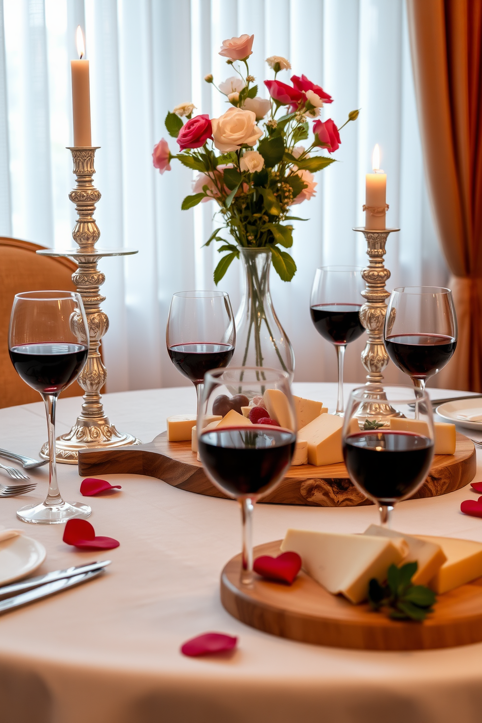 A romantic dining room setup for Valentine's Day features a beautifully set table adorned with a crisp white tablecloth. On the table, there are elegant wine glasses filled with red wine, paired with an assortment of gourmet cheeses arranged on a wooden platter. Soft candlelight flickers from ornate candlesticks, creating a warm and inviting atmosphere. Fresh flowers in a delicate vase add a touch of color, while heart-shaped decorations subtly enhance the romantic theme.