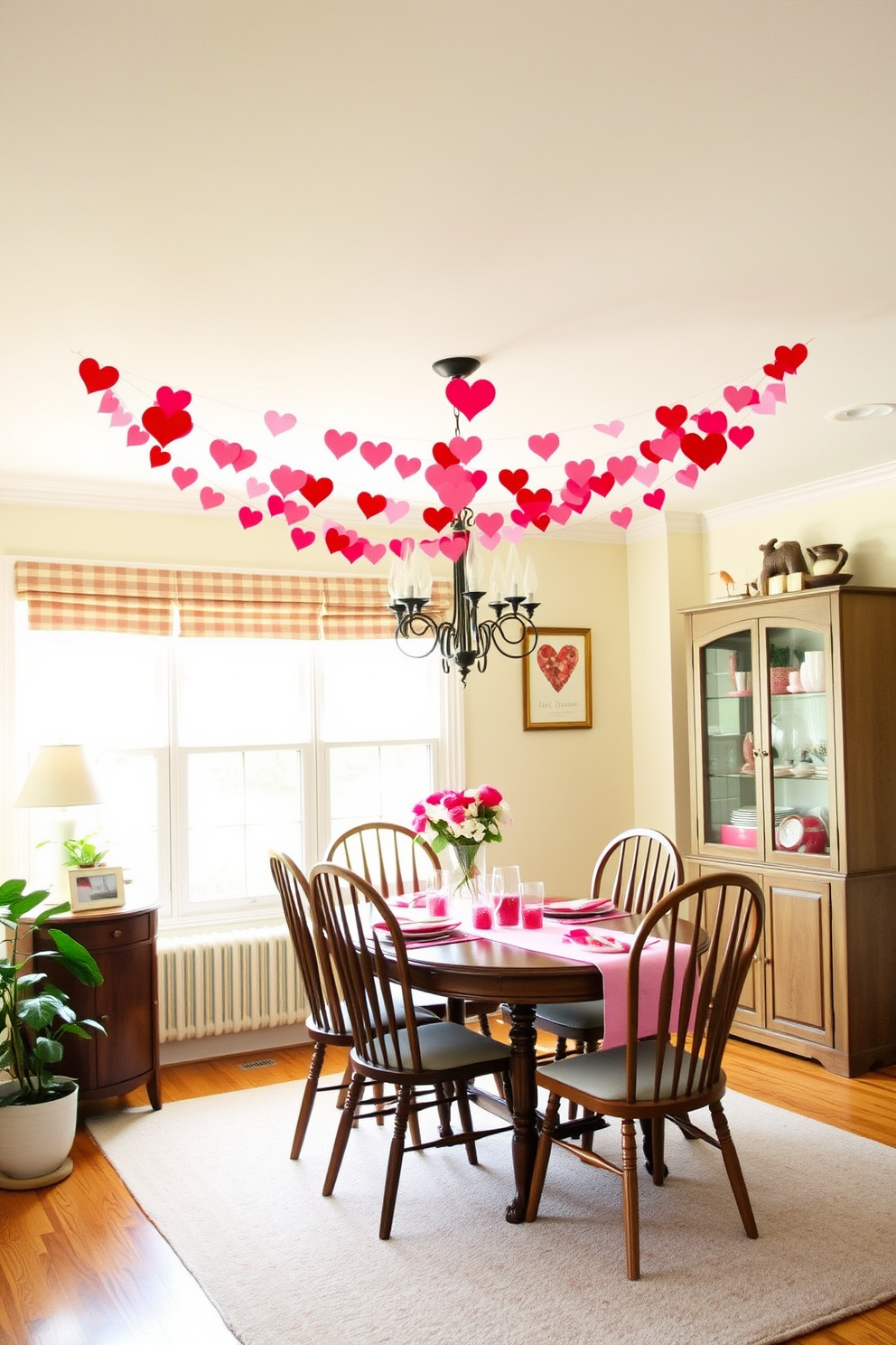 A charming dining room adorned with a DIY heart garland that gracefully hangs from the ceiling. The garland features an array of red and pink paper hearts, creating a festive atmosphere perfect for Valentine's Day celebrations.