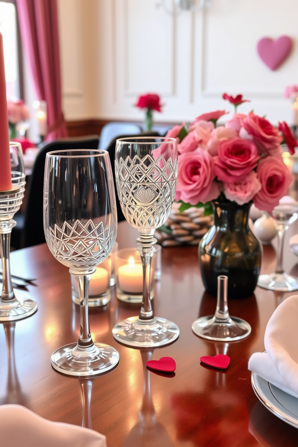 Elegant crystal glassware is beautifully arranged on a polished wooden dining table. The soft glow of candlelight reflects off the intricate designs of the glass, creating a warm and inviting atmosphere. For Valentine's Day, the dining room is adorned with delicate pink and red floral arrangements. Heart-shaped decorations and romantic table settings enhance the intimate ambiance, perfect for a special celebration.