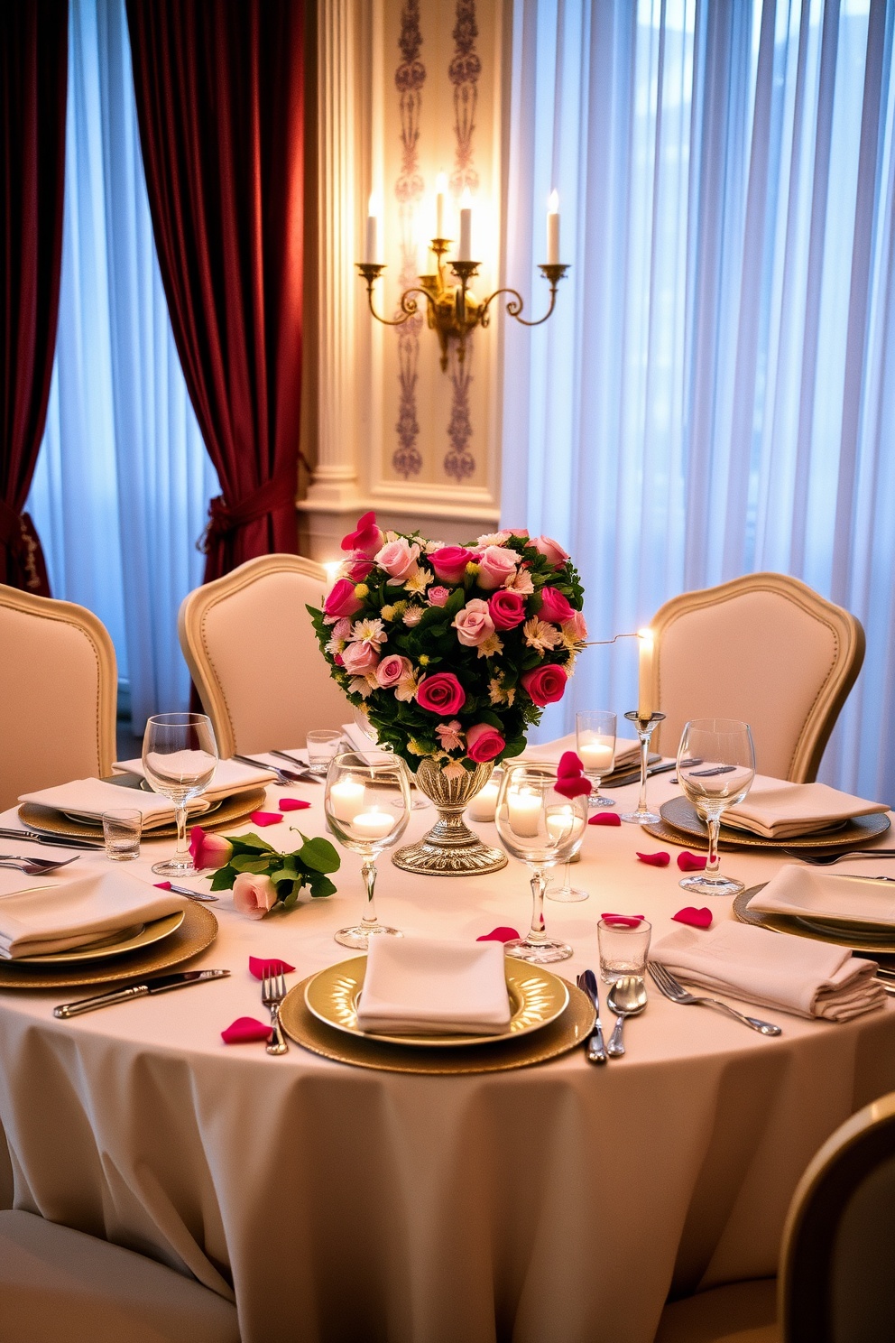 A charming dining room setting for Valentine's Day features a heart-shaped table centerpiece adorned with fresh red roses and delicate white candles. The table is set with elegant dinnerware and soft, romantic lighting creates an inviting atmosphere for a special celebration.