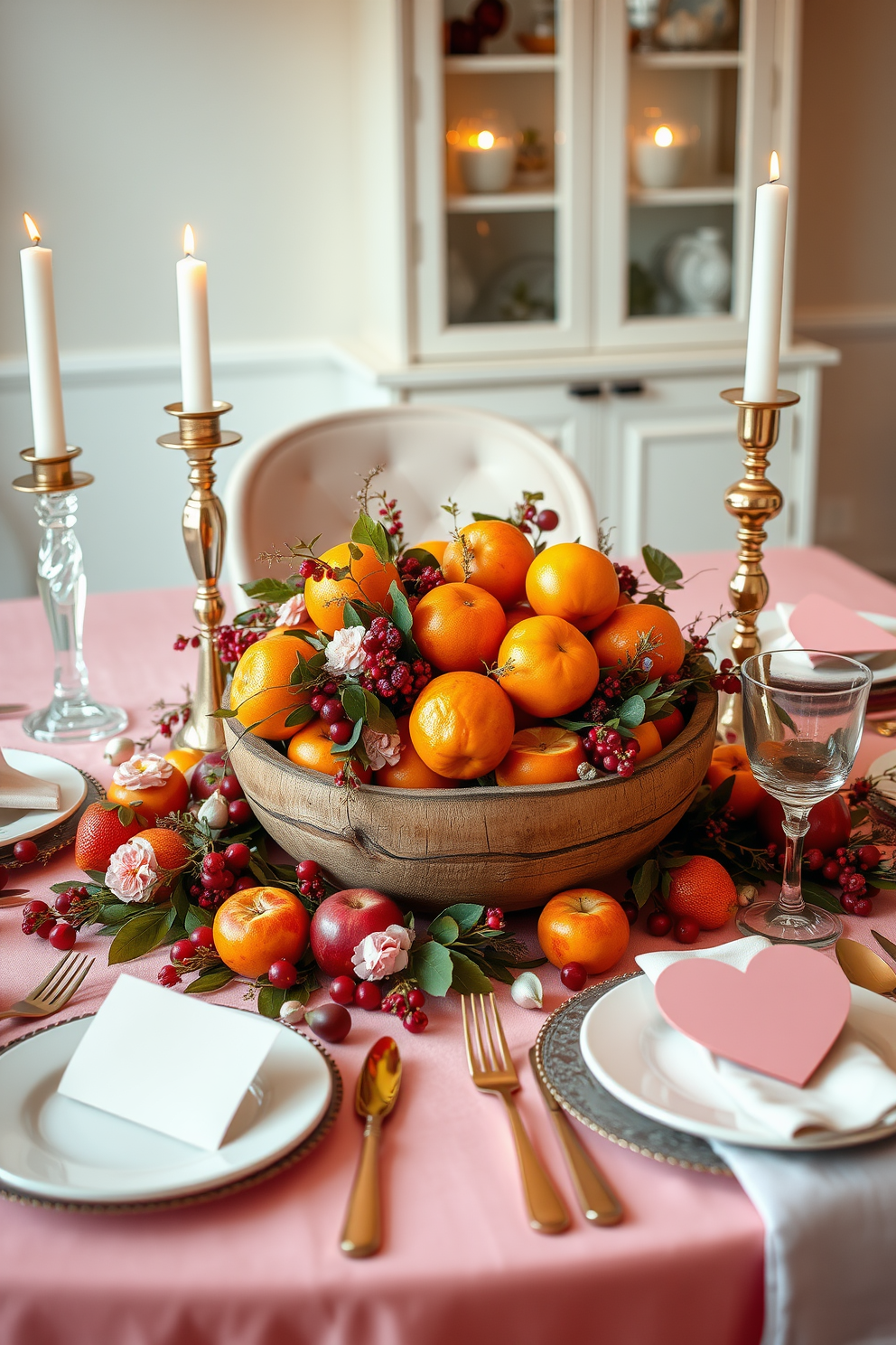 A beautifully set dining table adorned with an array of seasonal fruits. Vibrant oranges, apples, and berries are artistically arranged in a rustic wooden bowl at the center, complemented by delicate floral accents. Soft pink and red hues dominate the table setting for a romantic Valentine's Day theme. Elegant candle holders with flickering candles create a warm ambiance, while heart-shaped place cards add a personal touch to each setting.