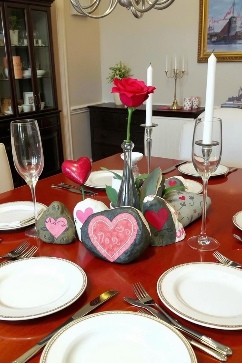 Create a dining room setting that features elegant candelabras placed on a beautifully set table. The soft glow from the candles enhances the romantic atmosphere, complemented by delicate floral arrangements and fine china for a Valentine's Day celebration.