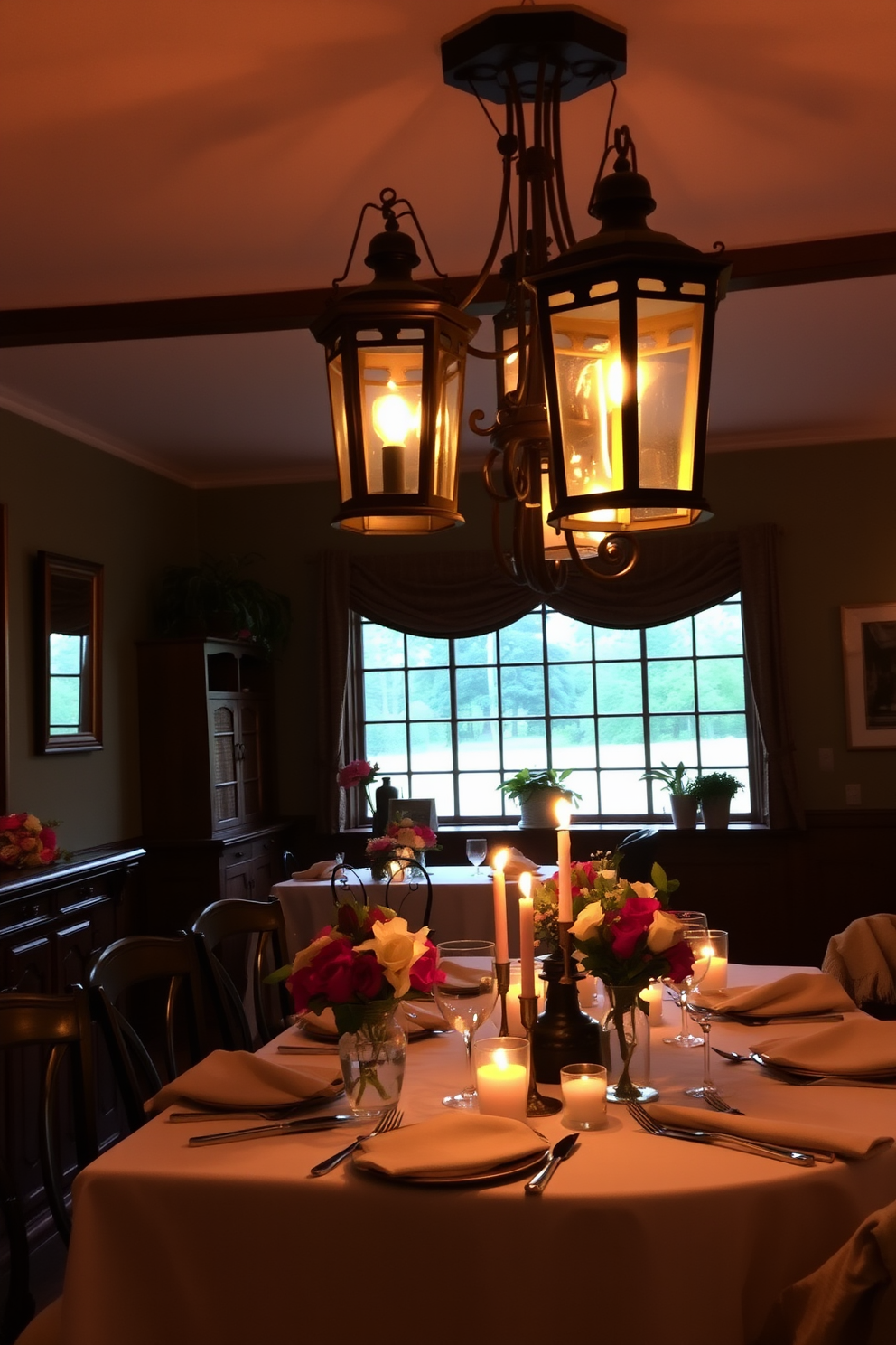 A cozy dining room adorned with rustic lanterns hanging from the ceiling, casting a warm glow over the space. The table is elegantly set with romantic candles and floral arrangements, creating a charming atmosphere perfect for Valentine's Day.