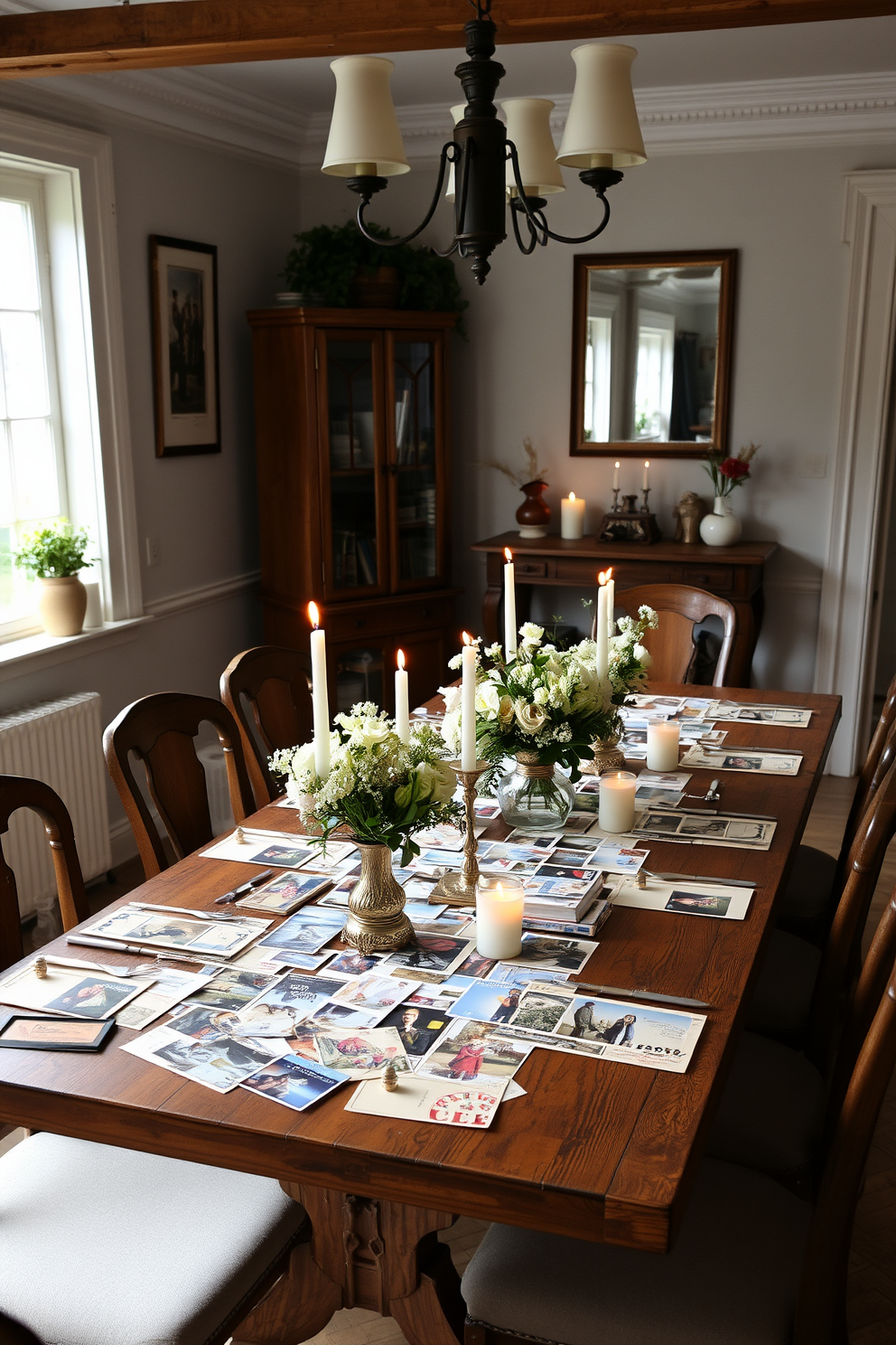 A charming dining room adorned with vintage postcards as table decor. The postcards are artfully arranged on a rustic wooden table, complemented by soft candlelight and delicate floral centerpieces.