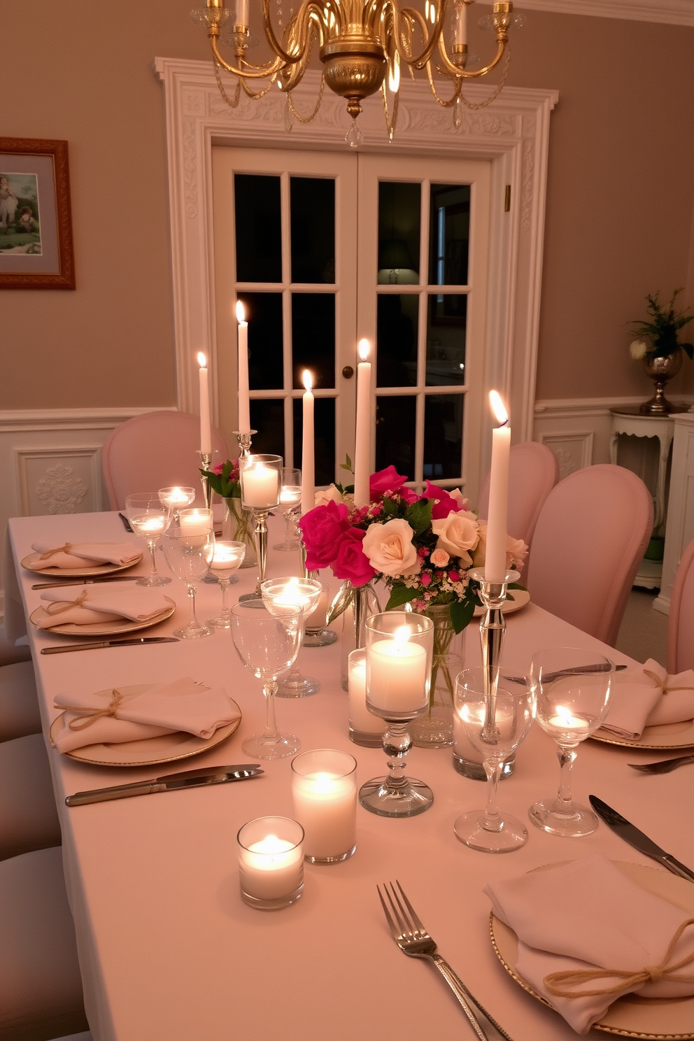 A charming dining room setting for Valentine's Day features a beautifully set table adorned with delicate tea light candle arrangements. The soft glow of the candles creates an intimate atmosphere, complemented by elegant tableware and romantic floral centerpieces.