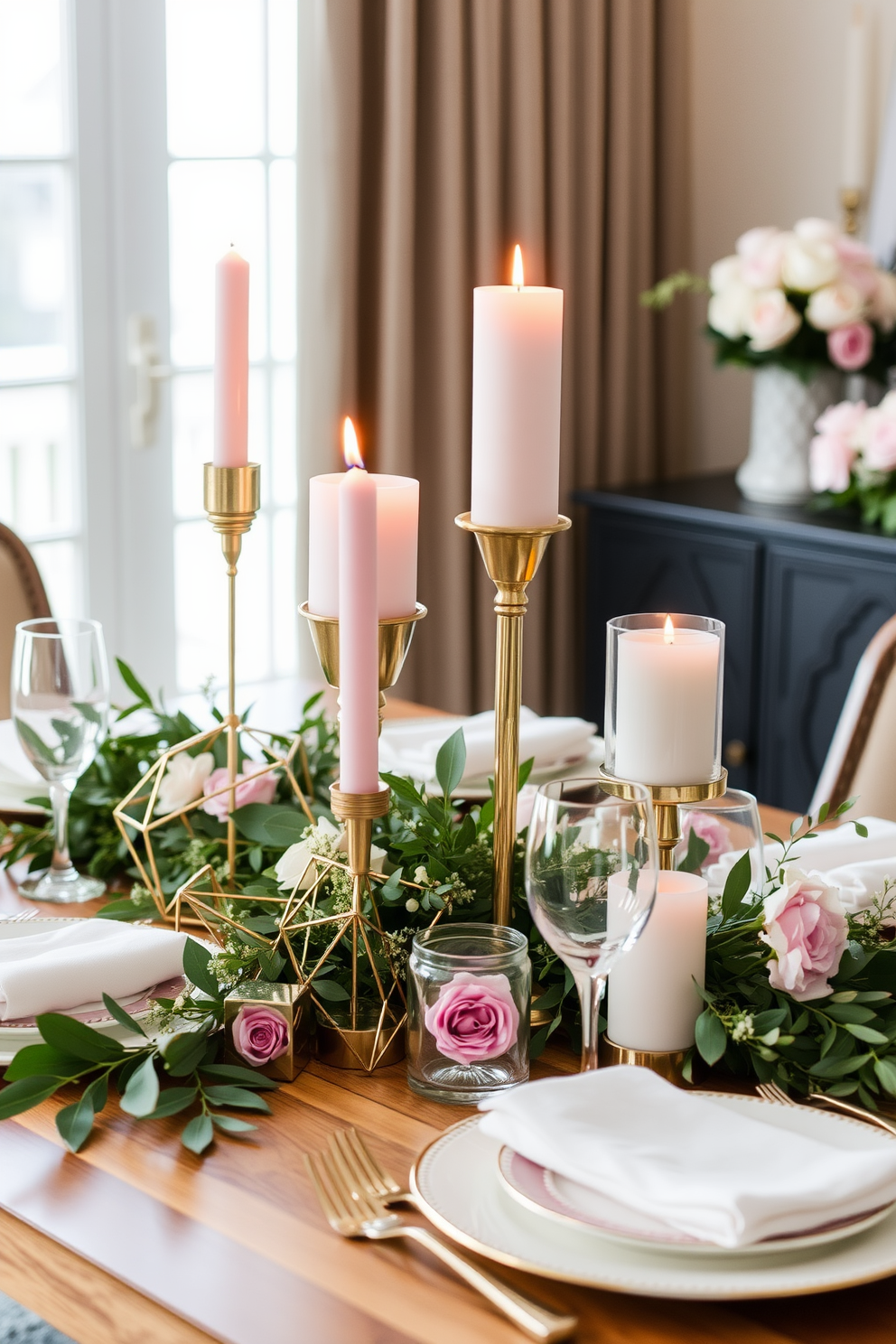 Create a romantic dining room setting for Valentine's Day featuring stylish geometric table decor elements. The table is elegantly set with a mix of gold and silver geometric candle holders, adorned with soft pink and white candles, surrounded by lush greenery and delicate floral arrangements.