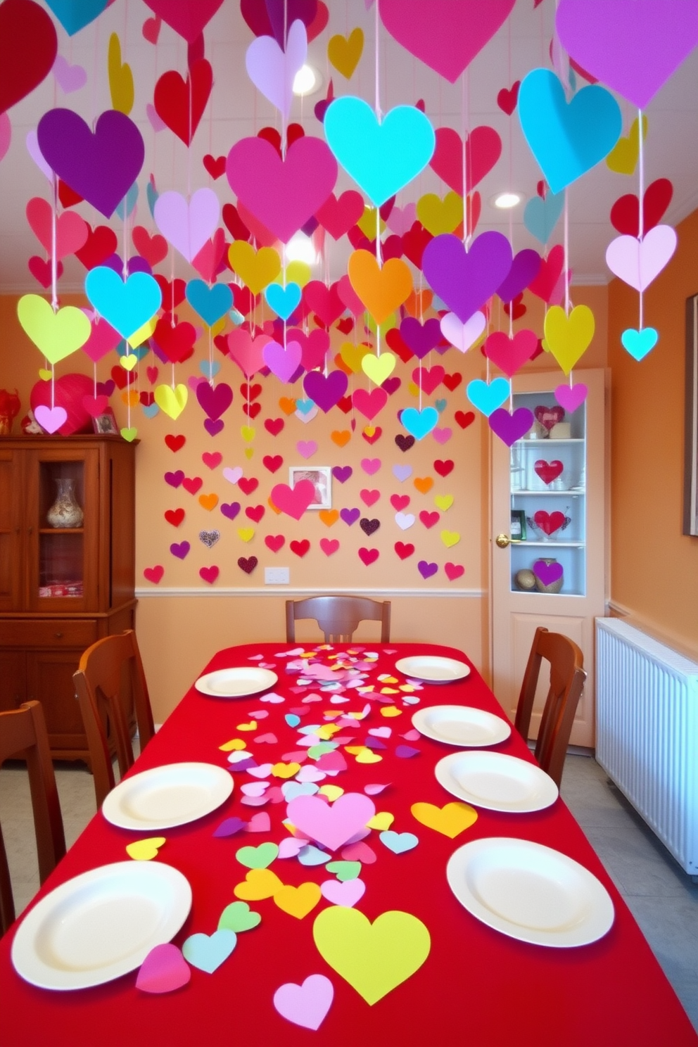 A vibrant dining room adorned with colorful paper hearts scattered across the table and hanging from the ceiling. The table is set with a festive red tablecloth, and heart-shaped plates complement the cheerful decor.