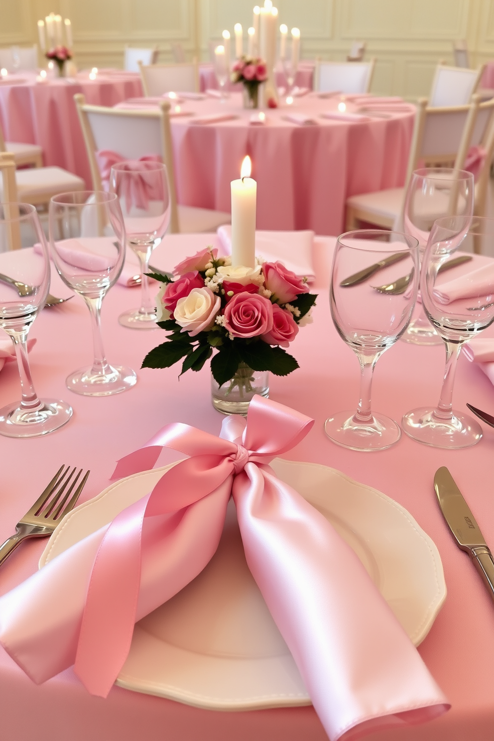 Elegant place settings with satin ribbon create a romantic atmosphere for a Valentine's Day dinner. The table is adorned with soft pink tablecloths and delicate china, complemented by crystal glassware that reflects candlelight. Each place setting features a neatly folded napkin tied with a satin ribbon, adding a touch of sophistication. Fresh flowers in a small vase serve as a charming centerpiece, enhancing the overall elegance of the dining experience.