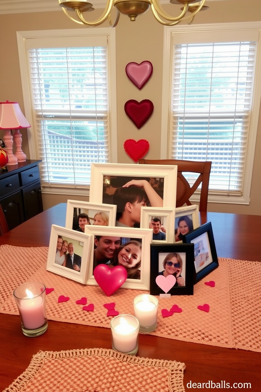 A rustic dining room setting adorned with burlap accents. The table is set with a white tablecloth and burlap runners, complemented by mason jar centerpieces filled with fresh flowers. Soft twinkling lights hang above, creating a warm and inviting atmosphere. Heart-shaped decorations in shades of red and pink are scattered across the table, adding a festive touch for Valentine's Day.