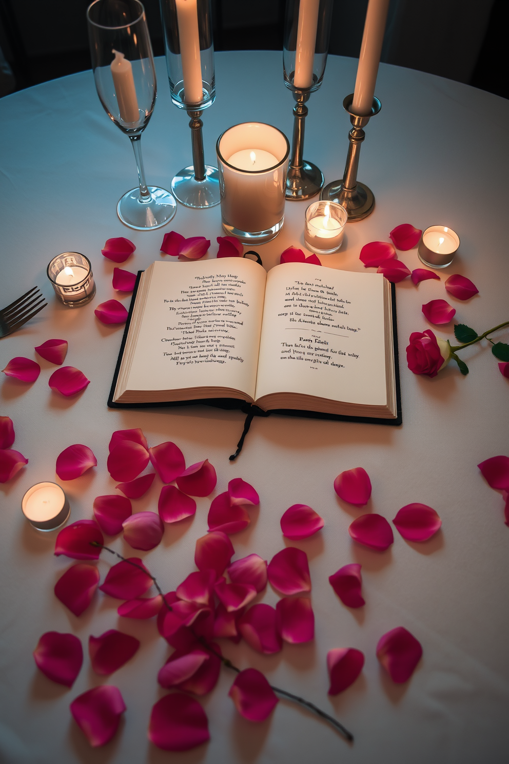 A beautifully set dining table adorned with a romantic poetry book as the centerpiece. Surrounding the book are delicate rose petals scattered across a soft white tablecloth, with flickering candlelight creating an intimate atmosphere.