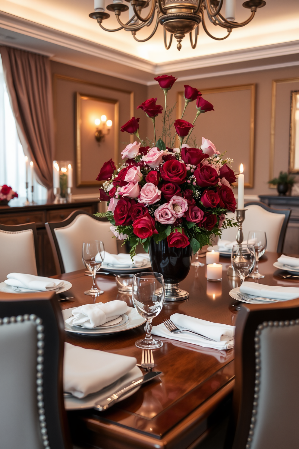 A stunning dining room setting for Valentine's Day features a beautiful red and pink floral bouquet centerpiece placed on a polished wooden table. Surrounding the table are elegant upholstered chairs, and soft candlelight enhances the romantic atmosphere.