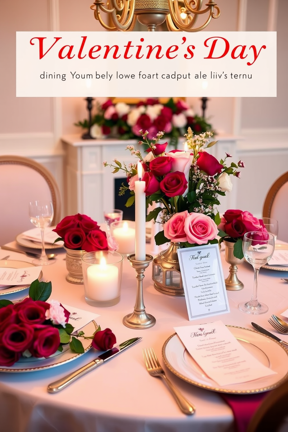 Create a romantic dining room setting for Valentine's Day featuring unique menu cards adorned with love quotes. The table is elegantly set with fine china, soft candlelight, and fresh floral arrangements that enhance the intimate atmosphere.