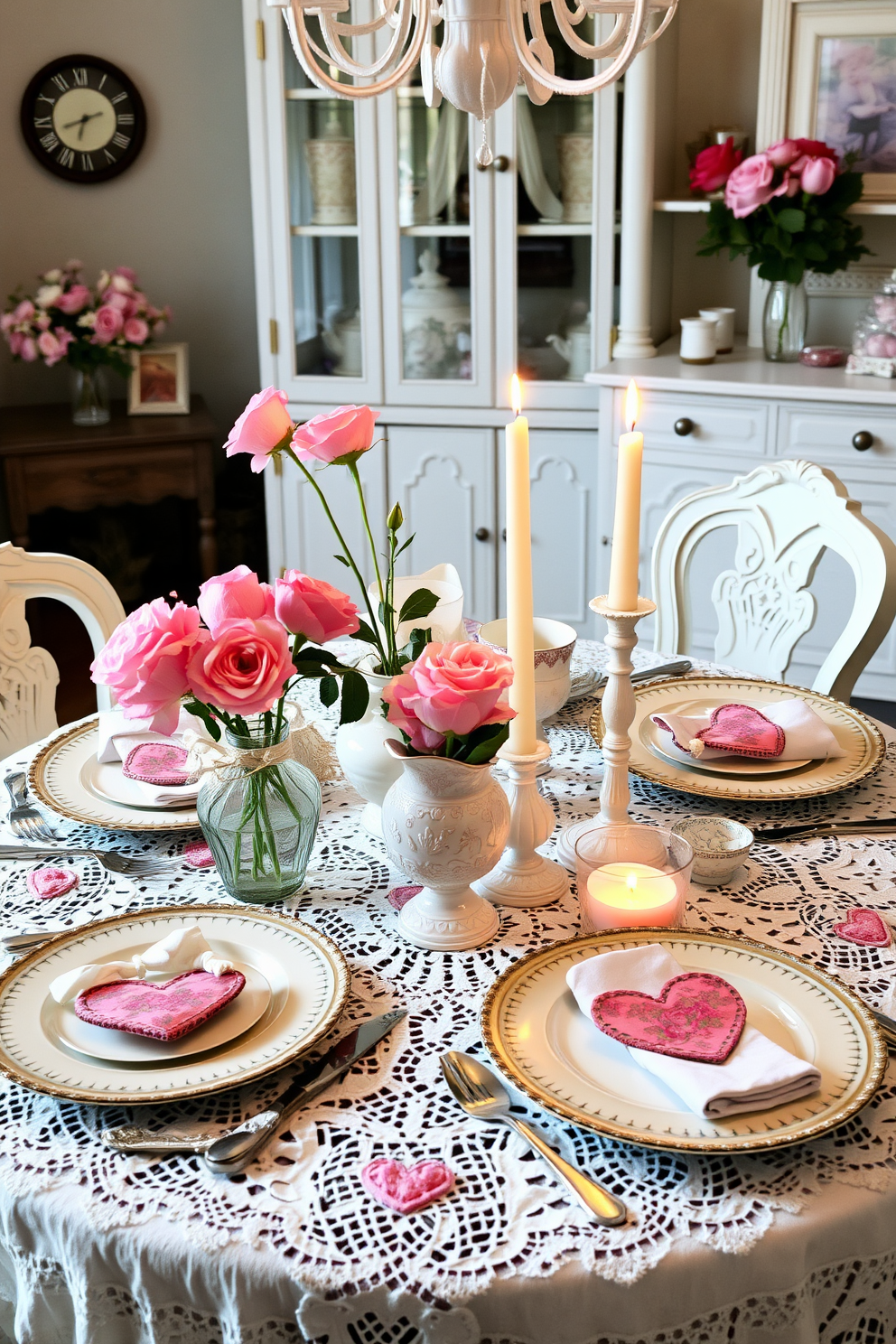 A charming vintage-inspired dining room table setting adorned with lace tablecloths and mismatched china plates. Soft pink and red floral arrangements are placed in delicate vases, while heart-shaped candles flicker gently, creating a romantic ambiance for Valentine's Day.