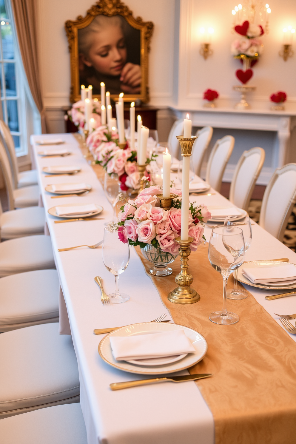 A charming dining room adorned with vintage china displayed elegantly on a wooden sideboard. The table is set with delicate lace tablecloths and romantic candle arrangements, creating a warm and inviting atmosphere for Valentine's Day.