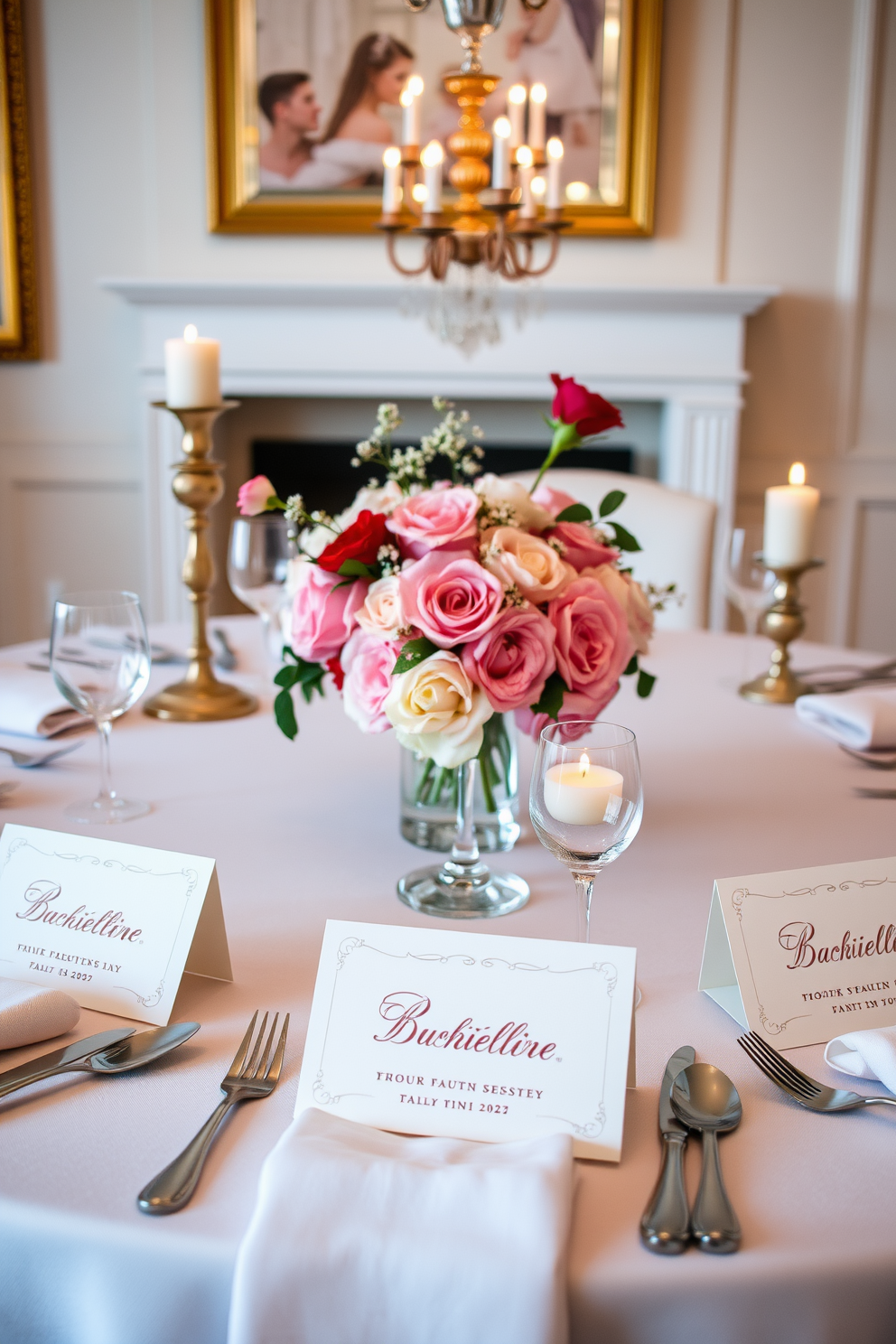 Create an elegant dining room setting for Valentine's Day. The table is adorned with personalized place cards for each guest, featuring intricate calligraphy and soft pastel colors. The centerpiece is a beautiful arrangement of fresh flowers in shades of pink and red. Soft candlelight flickers from stylish candlesticks, creating a warm and inviting atmosphere.