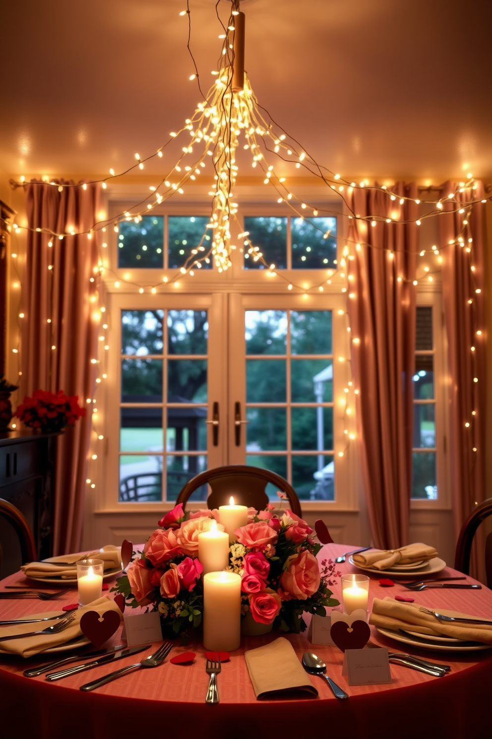 A beautifully set dining room for Valentine's Day featuring a long elegant table adorned with a soft pink tablecloth. Each place setting includes personalized name cards for guests, elegantly designed with romantic calligraphy and surrounded by small floral arrangements. The room is softly lit with warm candlelight, creating an intimate atmosphere. Heart-themed decorations are tastefully arranged throughout, including delicate rose petals scattered across the table and charming heart-shaped accents on the chairs.