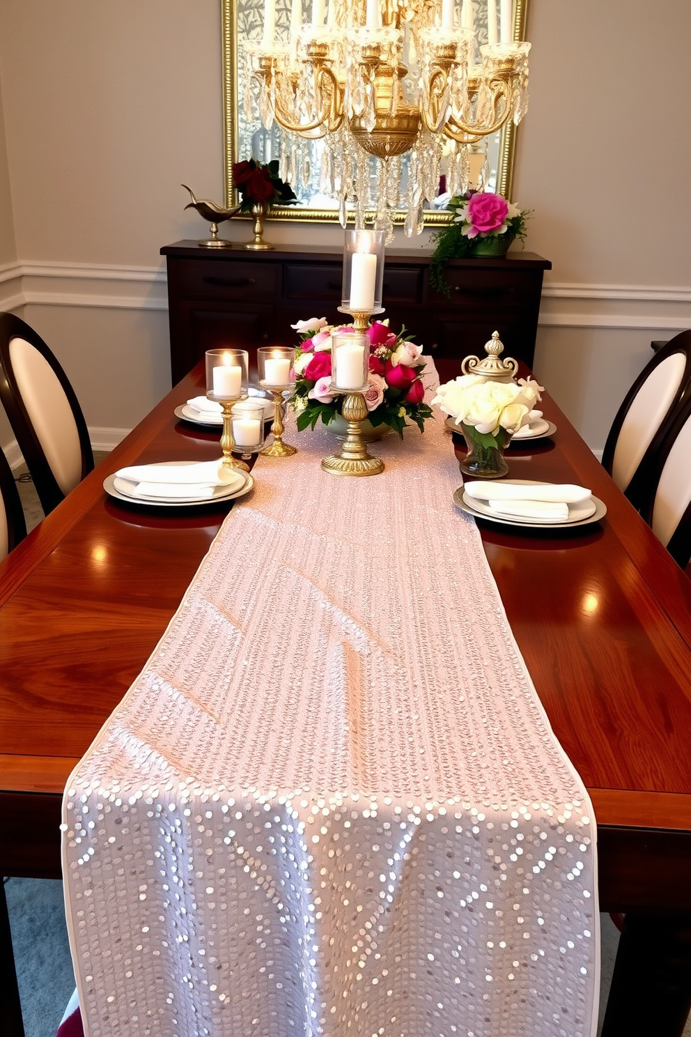 A glamorous dining room setting features a stunning sequined table runner that cascades elegantly across a polished wooden table. The runner is complemented by soft candlelight from ornate candlesticks and delicate floral arrangements, creating a romantic atmosphere for Valentine's Day.