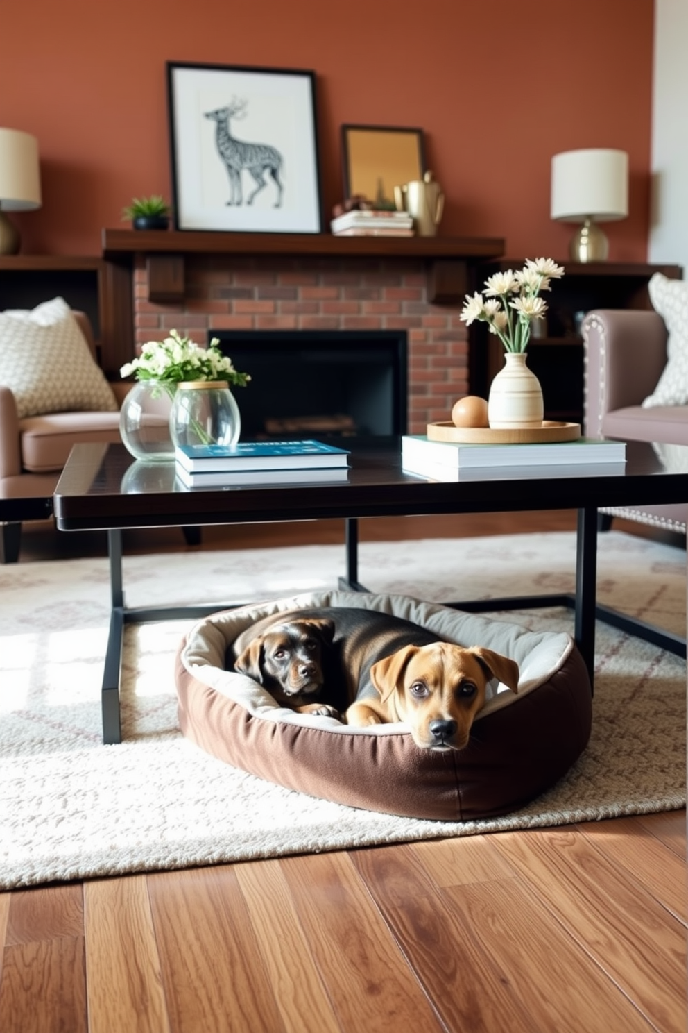 A cozy living room designed for dog lovers features a spacious sectional sofa with durable, stain-resistant fabric. The furniture is arranged to create an open space for dogs to play, with a soft area rug that provides comfort underfoot. In the corner, a stylish dog bed complements the decor, while a decorative basket holds toys neatly. The coffee table is designed with rounded edges to ensure safety, and there are wall-mounted shelves for dog accessories, keeping the space organized and inviting.