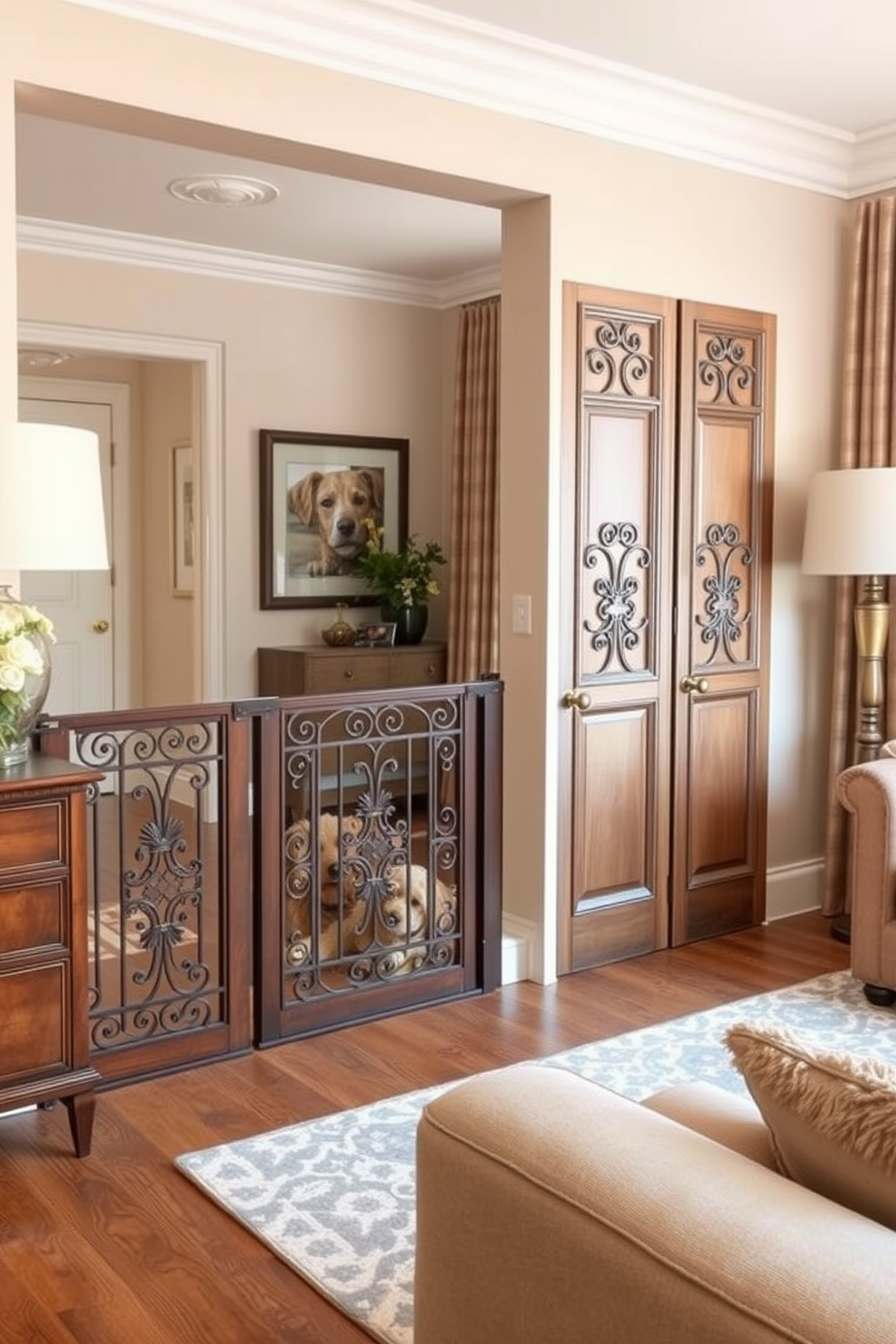 A chic living space featuring decorative pet gates that blend seamlessly with the decor. The gates are made of elegant wood with intricate designs, providing a stylish separation between the living area and the pet zone. In the dog lover apartment, the design includes cozy corners for pets with plush bedding and toys. The color palette is warm and inviting, incorporating soft neutrals and pops of color to create a harmonious environment for both humans and their furry companions.