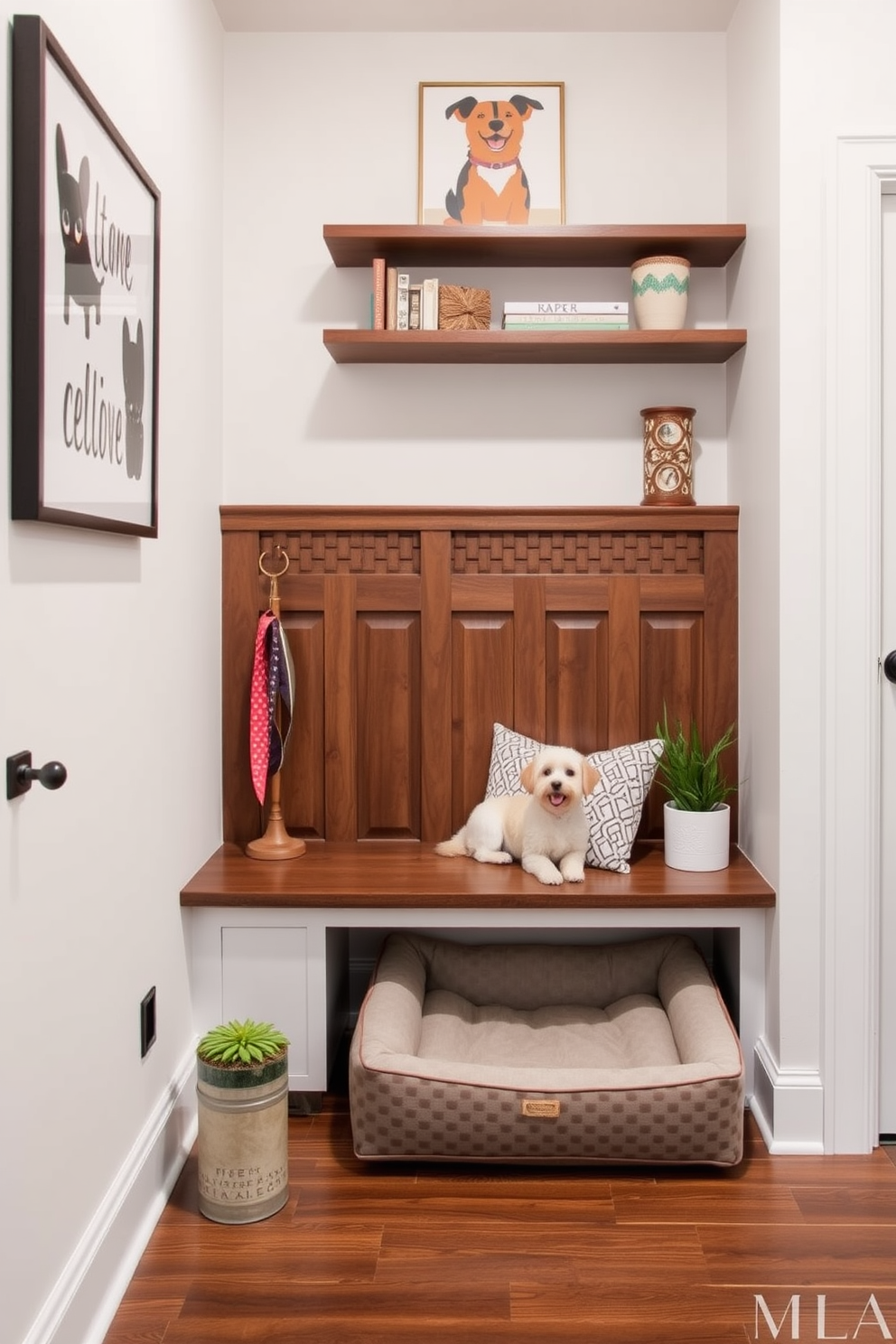 A cozy custom pet nook is designed in the entryway featuring a built-in wooden bench with soft cushions for comfort. Above the bench, there are shelves for pet supplies and decorative items, creating a welcoming space for both pets and guests. The nook is adorned with playful wall art that reflects the owner's love for dogs. A stylish dog bed is placed in the corner, complemented by a chic leash holder and a small potted plant for a touch of greenery.