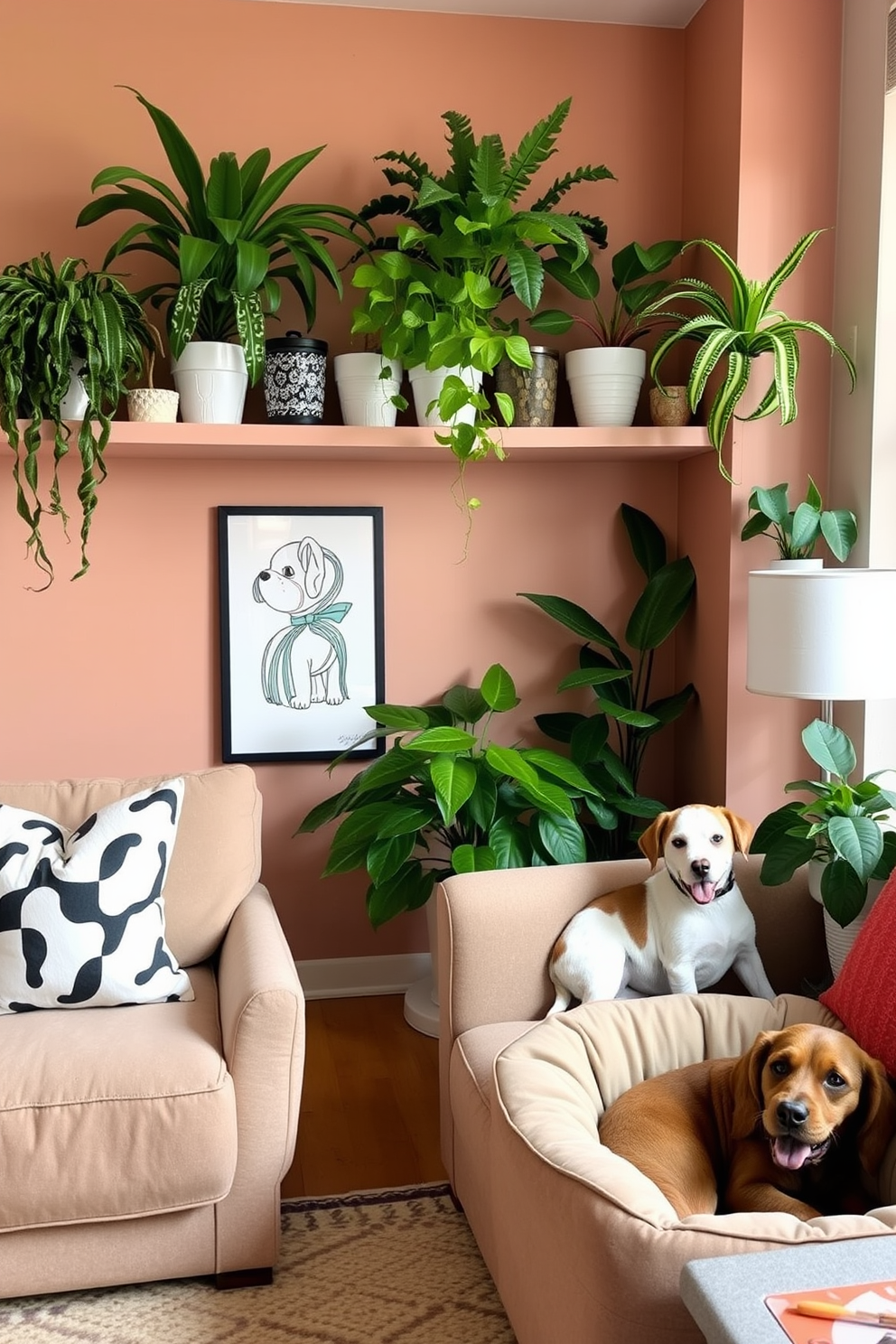 A cozy apartment filled with dog-friendly plants that enhance the decor while ensuring safety for pets. The space features lush greenery such as spider plants and Boston ferns placed on high shelves, with a warm color palette that complements the overall aesthetic. An inviting living area designed for dog lovers, showcasing a blend of comfort and style. Soft, durable fabrics are used for the furniture, while decorative elements include dog-themed art and a stylish dog bed that seamlessly integrates into the design.