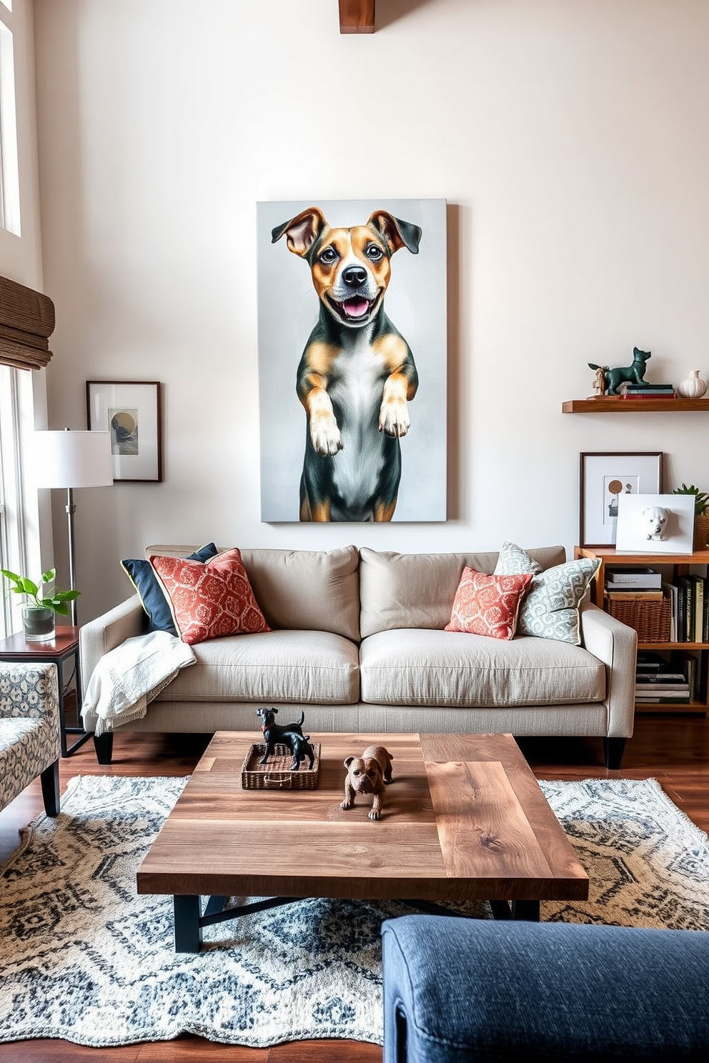 Pet themed artwork adorns the walls of a cozy living room filled with natural light. A large canvas featuring a playful dog in vibrant colors serves as a focal point above a plush sofa. The room features a mix of modern and rustic elements with a reclaimed wood coffee table and soft area rugs. Decorative dog figurines and books about dog breeds are displayed on shelves, adding character and charm.