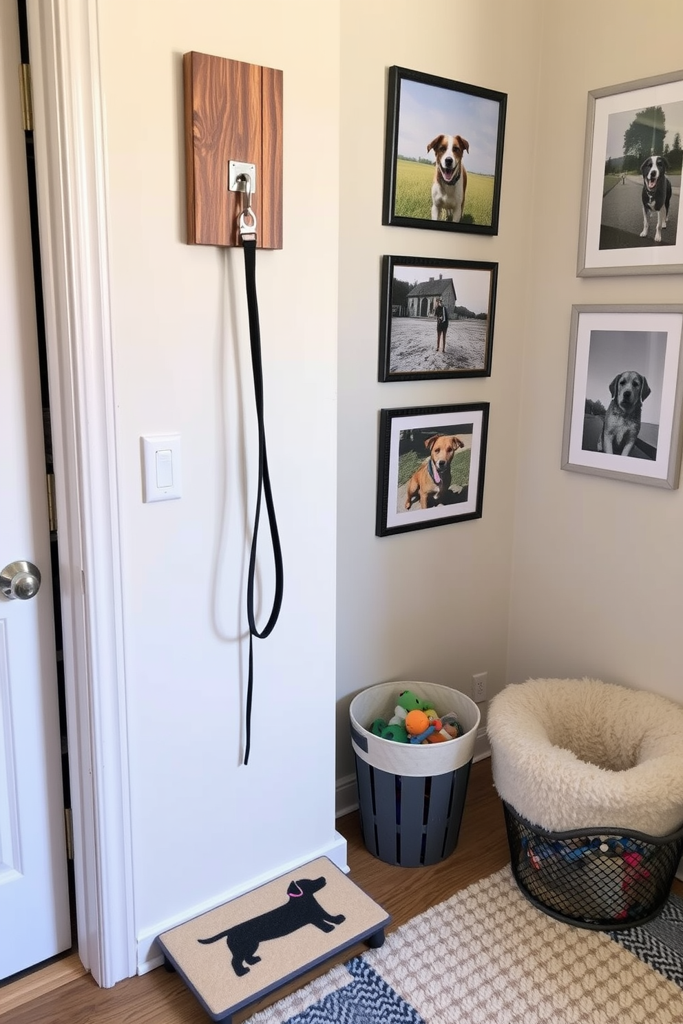 A stylish dog leash holder is mounted on the wall by the entrance, crafted from reclaimed wood with a sleek metal hook for easy access. Beneath it, a small decorative mat features a playful dog print, adding a touch of personality to the space. Adjacent to the leash holder, a cozy nook is created with a plush dog bed and a chic storage basket filled with toys. The walls are adorned with framed photos of the dog enjoying various adventures, enhancing the warm and inviting atmosphere of the apartment.