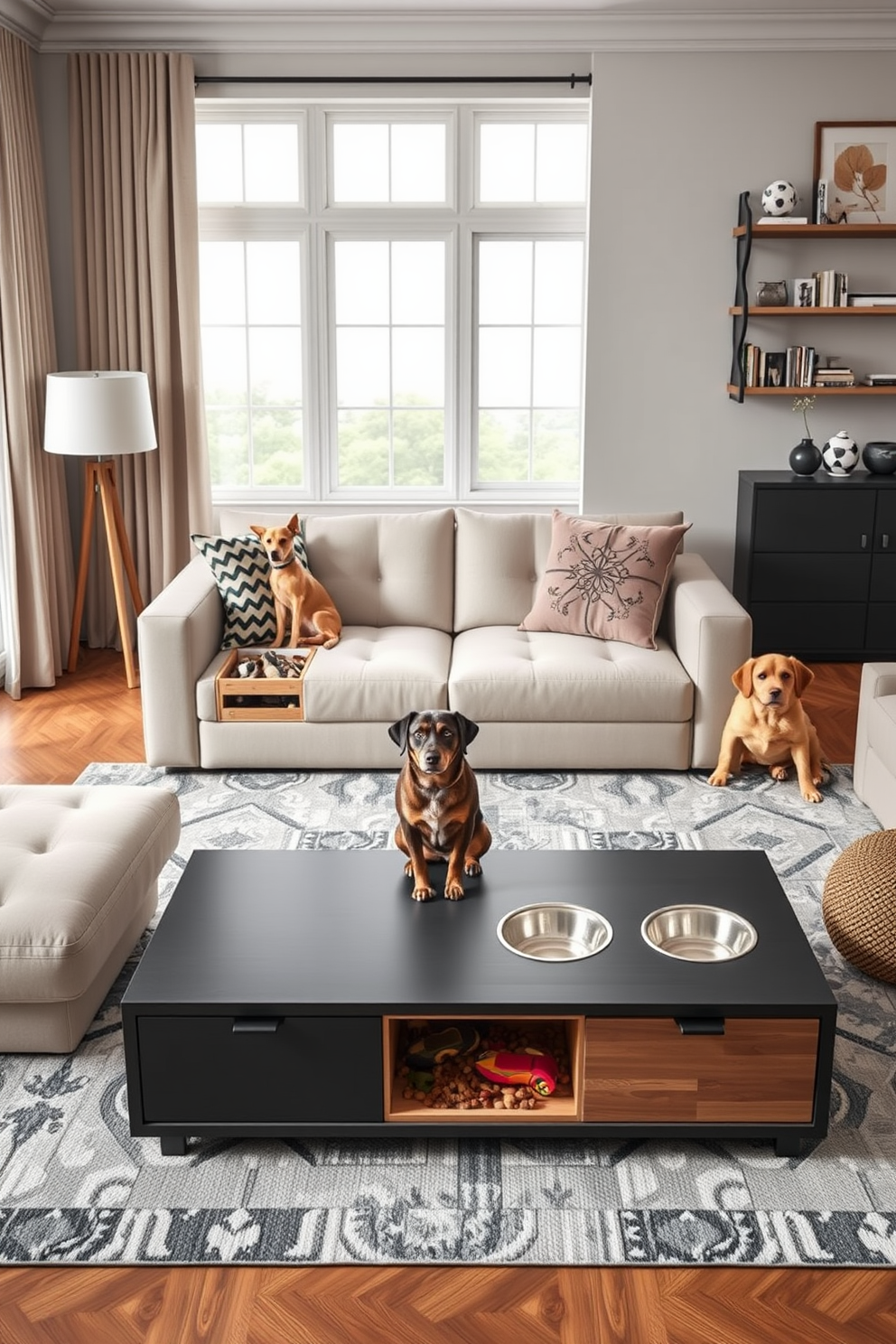 A stylish living space designed for dog lovers featuring multi-functional furniture that seamlessly integrates pet-friendly elements. The sofa includes built-in storage for dog toys while a coffee table doubles as a feeding station with hidden compartments for food and bowls.