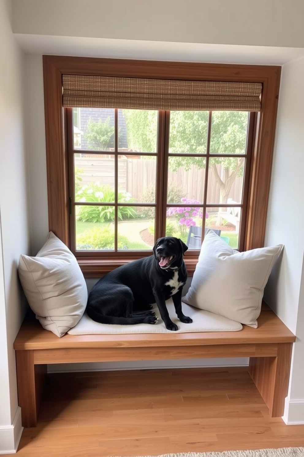 A cozy window seat designed for pet relaxation. Soft cushions in neutral tones are placed on a wooden bench, with a view of the outside garden.