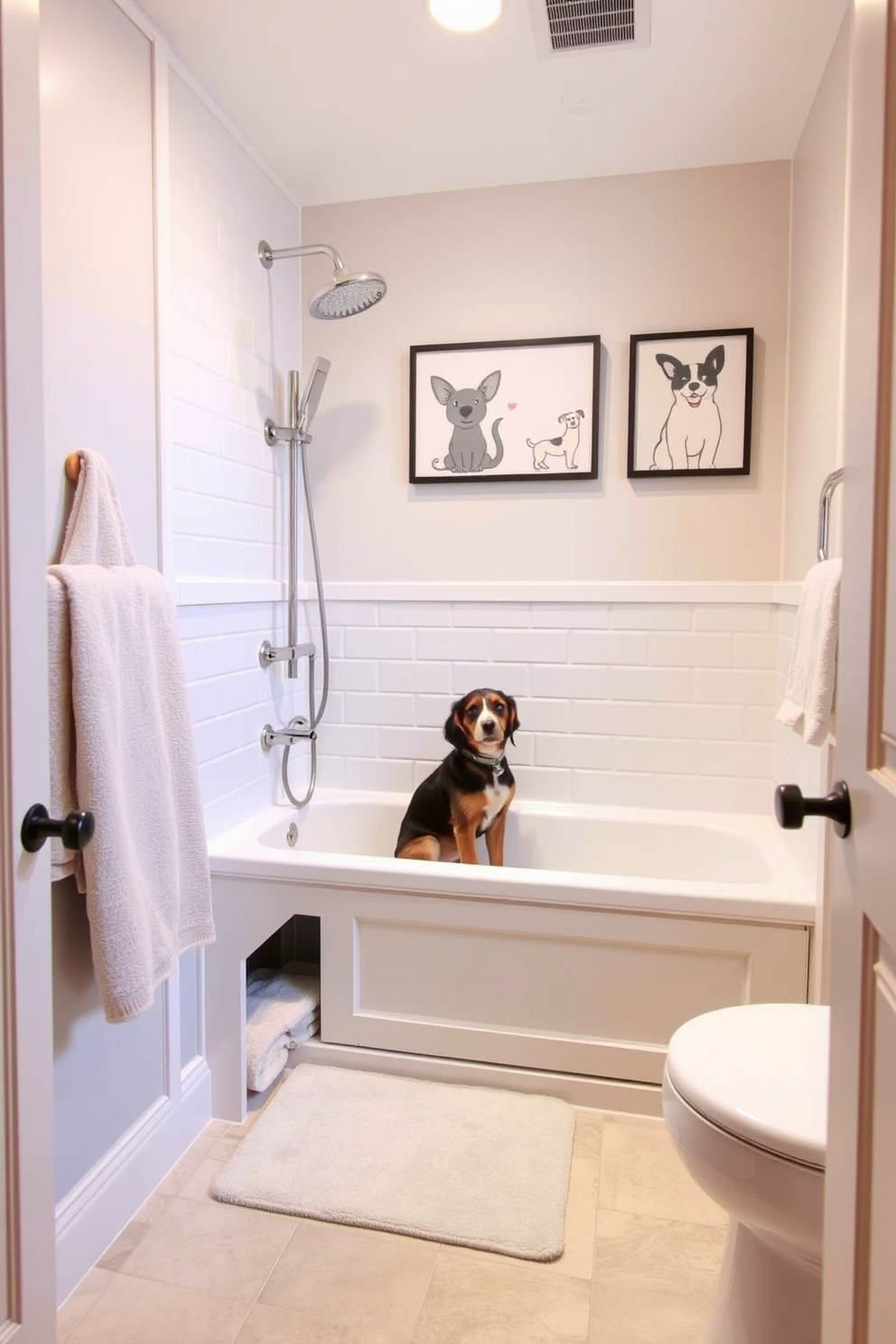 A stylish bathroom featuring an integrated pet bathing station designed for dog lovers. The bathing area includes a built-in tub with a detachable showerhead and storage for pet grooming supplies. The walls are adorned with playful dog-themed art, and the flooring is slip-resistant for safety. Soft, neutral tones create a calming atmosphere, while a dedicated space for towels and pet accessories adds functionality.