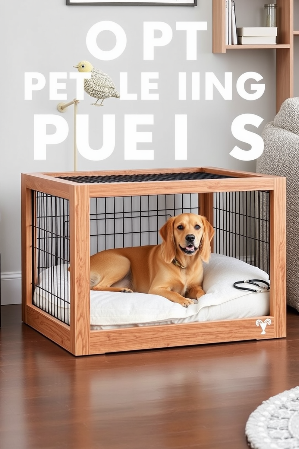 A stylish pet crate designed to blend seamlessly with modern furniture. It features a sleek wooden frame with a soft cushioned interior, creating a cozy space for your pet while enhancing the overall aesthetic of the room.