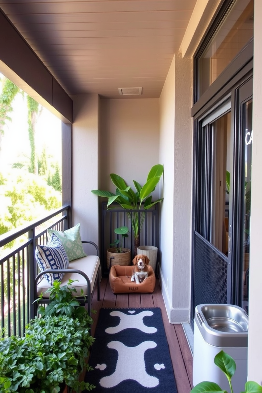 A cozy outdoor balcony designed for dog lovers features a comfortable seating area with weather-resistant furniture and soft cushions. Lush greenery surrounds the space, with pet-friendly plants and a small dog bed placed in a shaded corner. The balcony includes a secure railing with a built-in pet gate for safety. Decorative elements such as a dog-themed rug and a personalized pet feeding station add charm and functionality to the space.