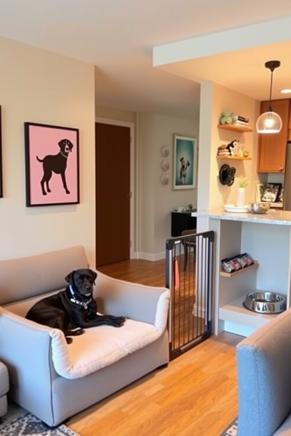 A stylish apartment designed for a dog lover features a cozy living area with a plush dog bed placed near a modern sectional sofa. The walls are adorned with pet-themed artwork, and a designated space for pet toys is integrated into the decor. The kitchen showcases a functional layout with a built-in feeding station for the dog, complete with stylish bowls. Portable pet gates are strategically placed to create versatile spaces, allowing for easy separation while maintaining an open and inviting atmosphere.