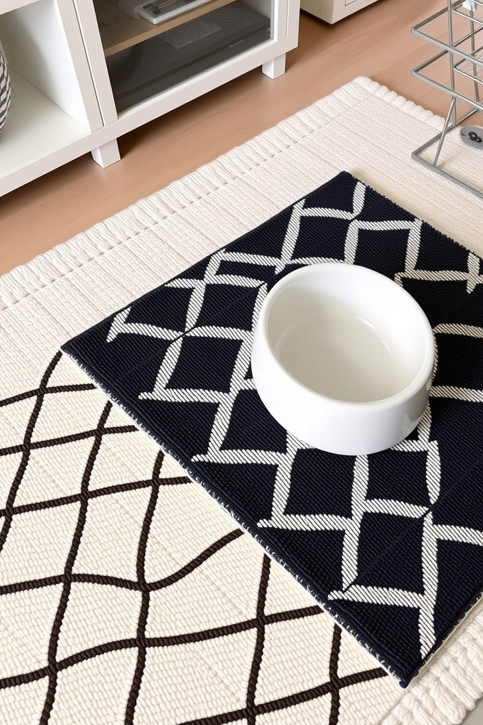 Chic pet feeding bowls are placed on a decorative mat featuring a stylish geometric pattern. The bowls are made of ceramic with a glossy finish, complementing the modern aesthetic of the dog lover's apartment.