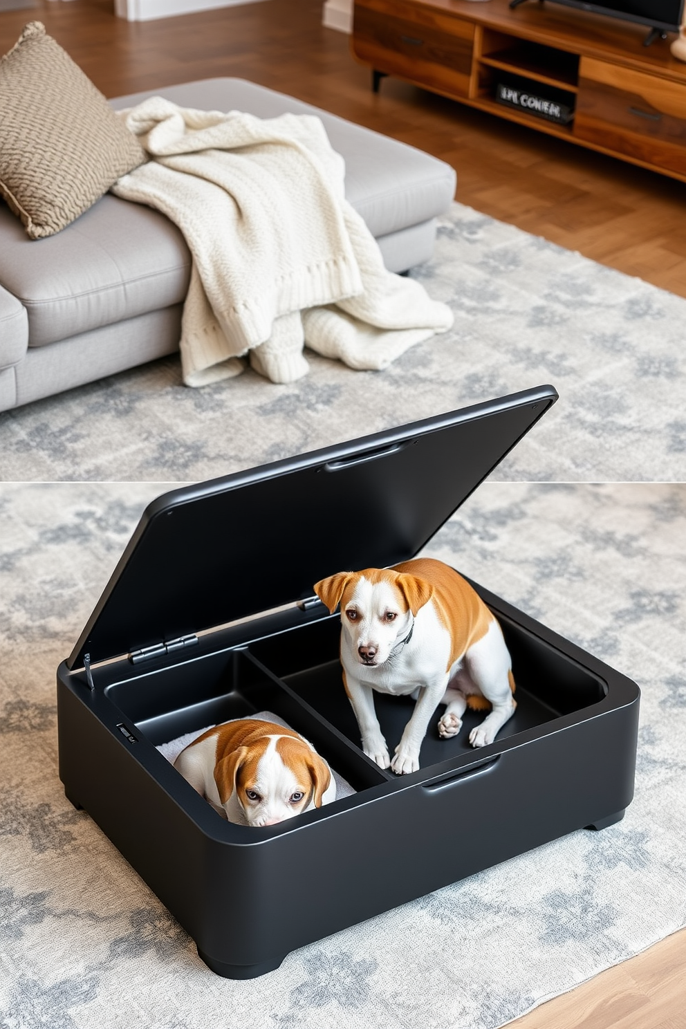 A cozy dog lover apartment featuring furniture with rounded edges for a soft and inviting atmosphere. The living room includes a plush sectional sofa with rounded corners, complemented by a round coffee table and a large dog bed in the corner. The kitchen showcases a rounded island with bar stools that have soft, cushioned seats. Decorative elements like dog-themed artwork and a stylish dog food station enhance the pet-friendly vibe throughout the space.