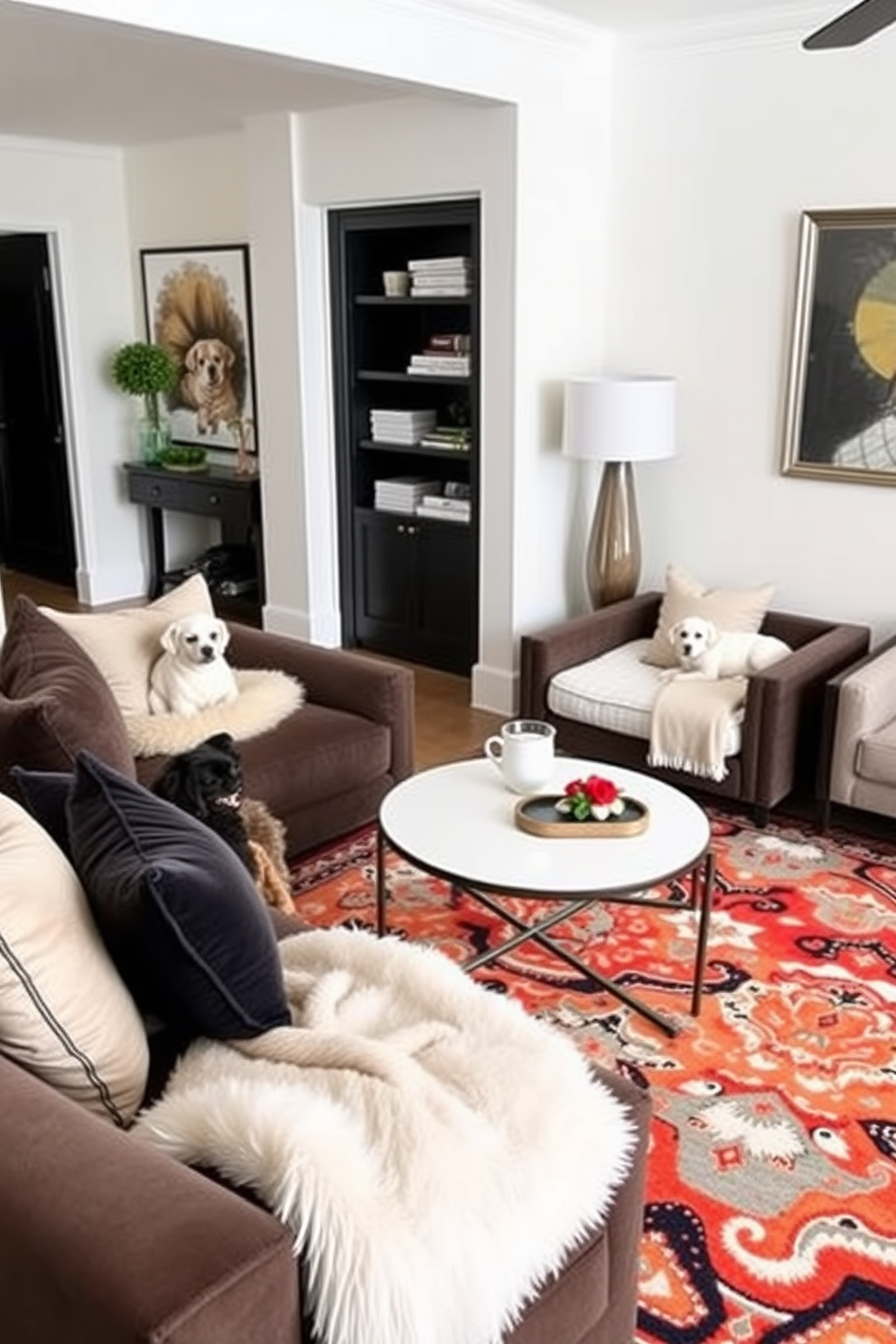 A cozy living room designed for a dog lover. The space features a plush sofa adorned with removable and washable cushion covers in vibrant colors, ensuring easy maintenance. Next to the sofa, a stylish dog bed complements the decor, providing a comfortable spot for pets. The room is accented with pet-friendly rugs and decorative shelving that showcases dog-themed art and toys.