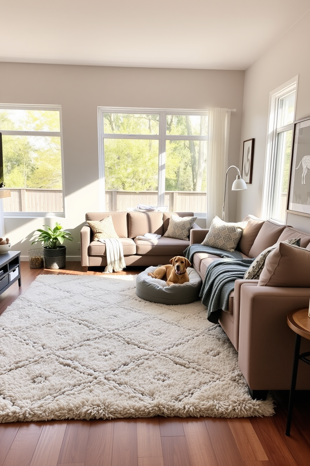 A cozy corner for pet naps features a plush oversized dog bed nestled in a sunlit alcove. Surrounding the bed are soft throw blankets and a selection of colorful pet toys, creating an inviting space for relaxation. The walls are adorned with framed pet photos, adding a personal touch to the design. A stylish side table holds a water bowl and a few dog treats, ensuring the area is both functional and aesthetically pleasing.