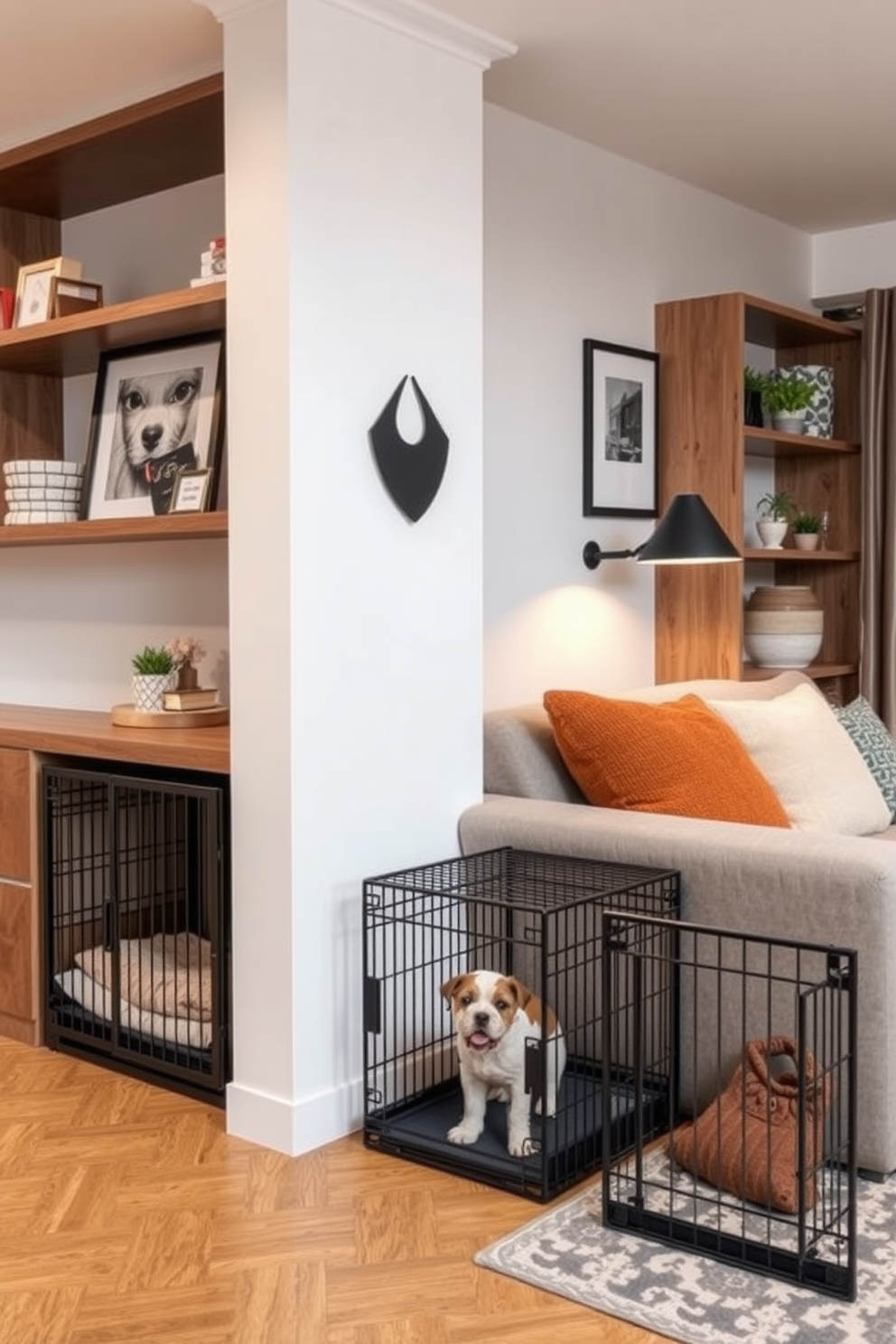 Stylish crates that match the decor style. The apartment features a cozy living area with a blend of modern and rustic elements, including wooden accents and soft textiles. Incorporate dog-friendly furniture and accessories to create a welcoming space for pet lovers. The design includes a dedicated area with stylish crates that complement the overall aesthetic while providing comfort and functionality for pets.